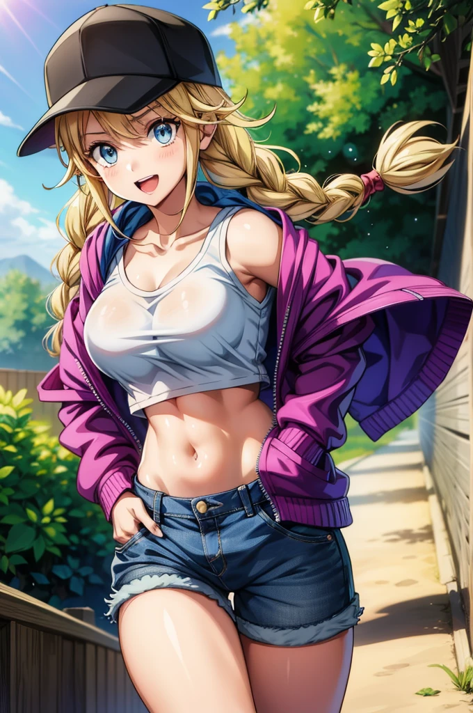 a cartoon girl in a hoodie and jeans shows her bra-straps, 1girl, solo, breasts, blonde hair, hat, blue eyes, denim, twin braids, open mouth, braid, pants, long hair, smile, jeans, looking at viewer, hood, covered navel, beanie, thigh gap, hand in pocket, jacket