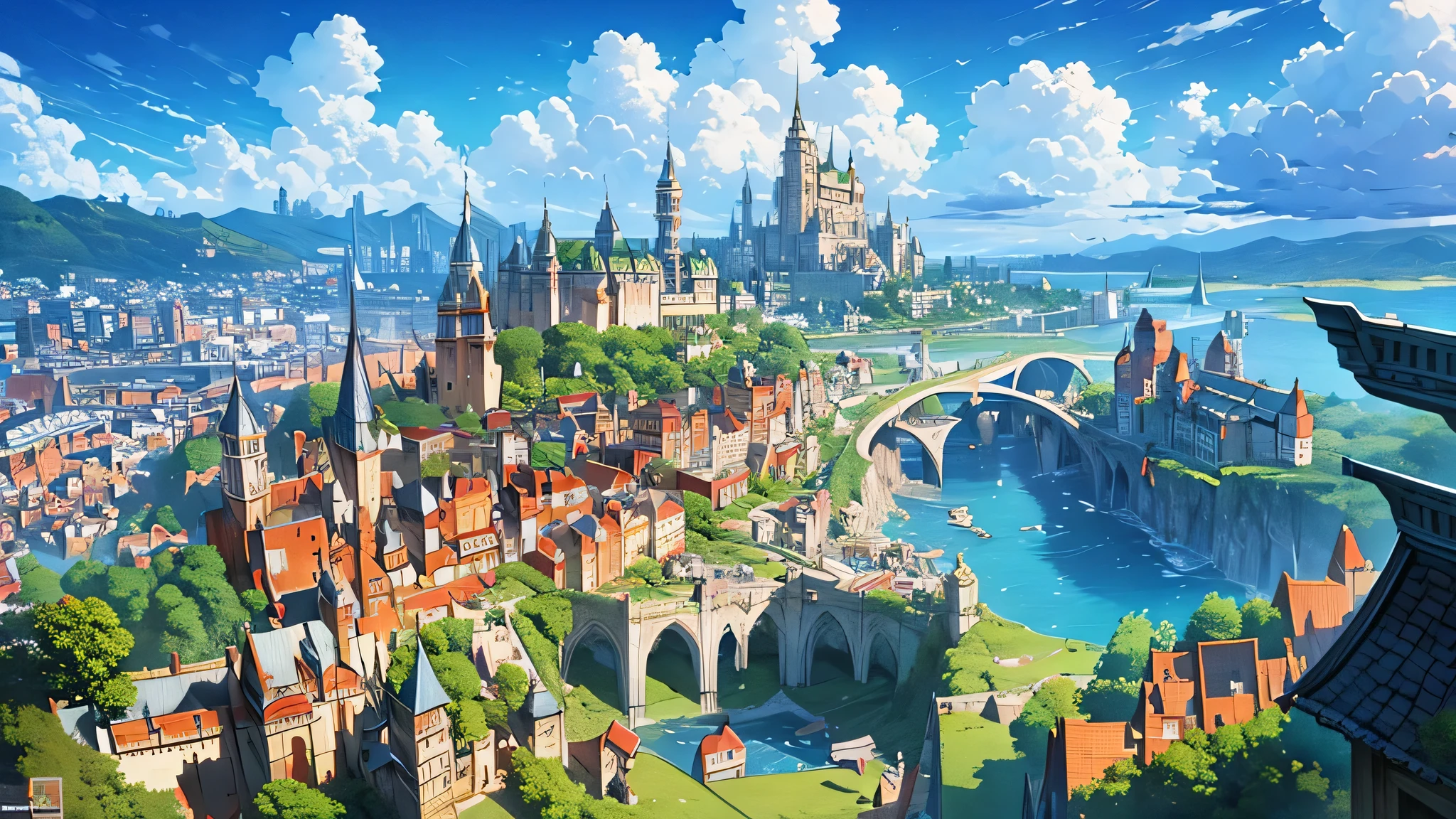 Aerial view of a sprawling medieval fantasy cityscape with majestic palaces, bustling markets, intricate buildings, and charming houses set against a backdrop of fluffy clouds and a clear blue sky. Vertical orientation, detailed illustration, high stylization. a traveler looks at the city from the top of the hill