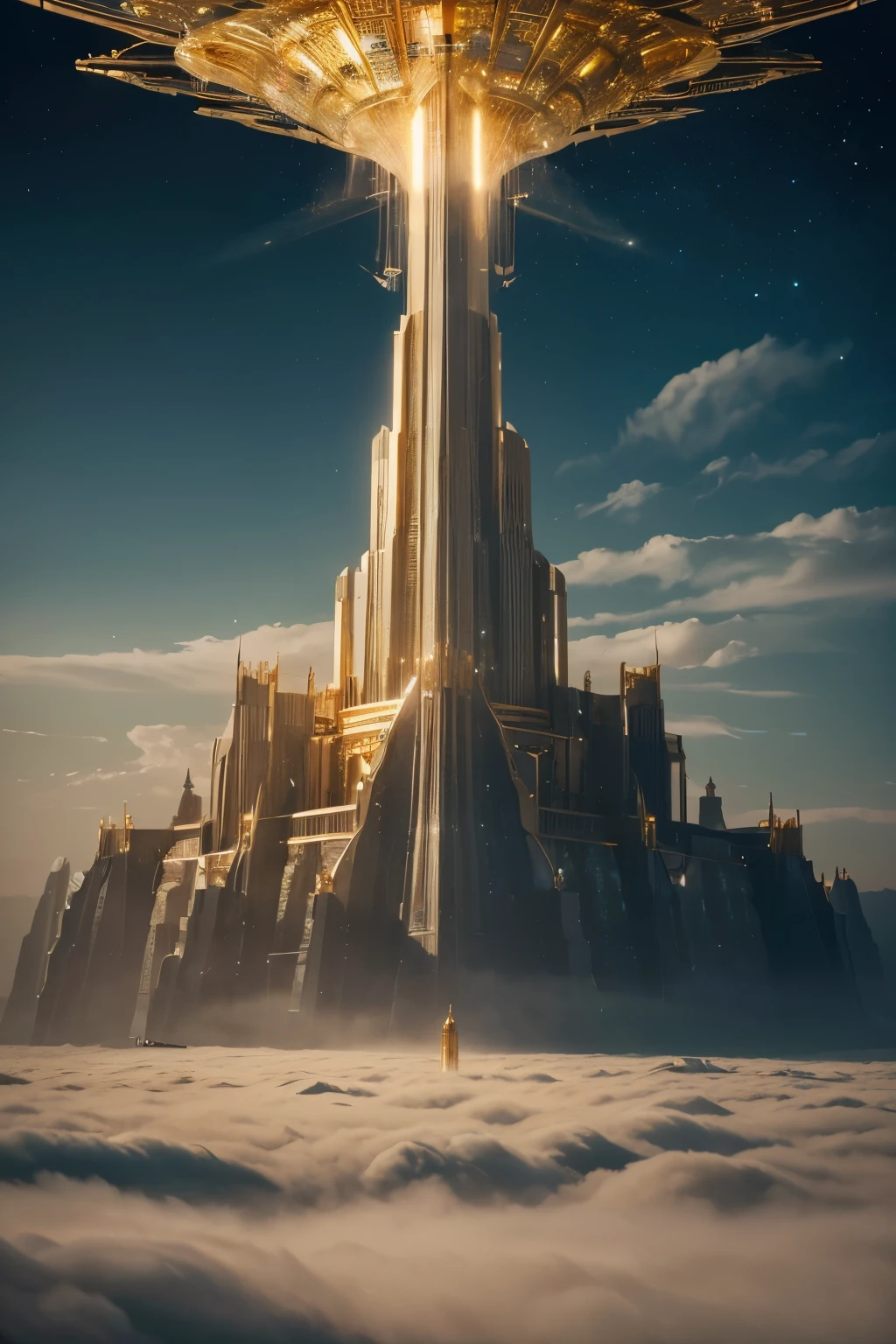 Fantasy, ((In the style of Greg Rutkowski)), Heavenly Angels, ((New Heaven, New Earth)), ((Futuristic architecture)): Celestial Mansions of Gold and Crystal rising above vibrant forests, inhabited by magical creatures and luminous energy. The crystal rooftops reflecting the golden sunrays, casting a spectacle of light across the landscape.
Fantasy: ((Greg Rutkowski style)), ((Clouds in the skies)), ((Futuristic architecture)), Glory of God, Power and Honor, (Army of Angels), (Retrofuturism), (cottagecore), ( all of pure gold), ((Inspired by H.R. Giger)), (mist close to the ground, rolling in the distance), ((glorious splendor rolling)), Celestial City of Gold and Resplendent Crystal
Fantasy: ((Greg Rutkowski style)), ((Clouds in the skies)), ((Futuristic architecture)), Glory of God, Power and Honor, (Army of Angels), (Retrofuturism), (cottagecore), ( all of pure gold), ((Inspired by H.R. Giger)), (mist close to the ground, rolling in the distance), ((equal height, length, and width)), ((rolling glorious splendor)), Celestial City of Gold and resplendent crystal
/imagine prompt: A gigantic city, (Spaceship), (Cube shape), ((gold and crystal)), (Futuristic Architecture,Middle Eastern), ((Hanging Gardens)), damask pattern, gold, jade, jasper, quartz, rose gold, sapphire, akos major, aerial photography, full body shot, fantastic realism, angelcore, hyper realism, dreamy glow, floodlight
/imagine prompt: A gigantic city, (Spaceship), (Cube shape), ((gold and crystal)), (Futuristic, Middle Eastern architecture), (Hanging Gardens), (Very Tall Towers), damask pattern, gold, jasper, sapphire, quartz, rose gold, akos major, aerial photography, full body shot, fantastic realism, golden hour
Fantasy: ((Greg Rutkowski style)), ((Clouds in the skies)), ((Futuristic architecture)), (Inspired by Middle Eastern architecture),  Glory of God, Power and Honor, (Army of Angels), (Retrofuturism), (cottagecore), ( all of pure gold), ((Inspired by H.R. Giger)), (mist close to the gro