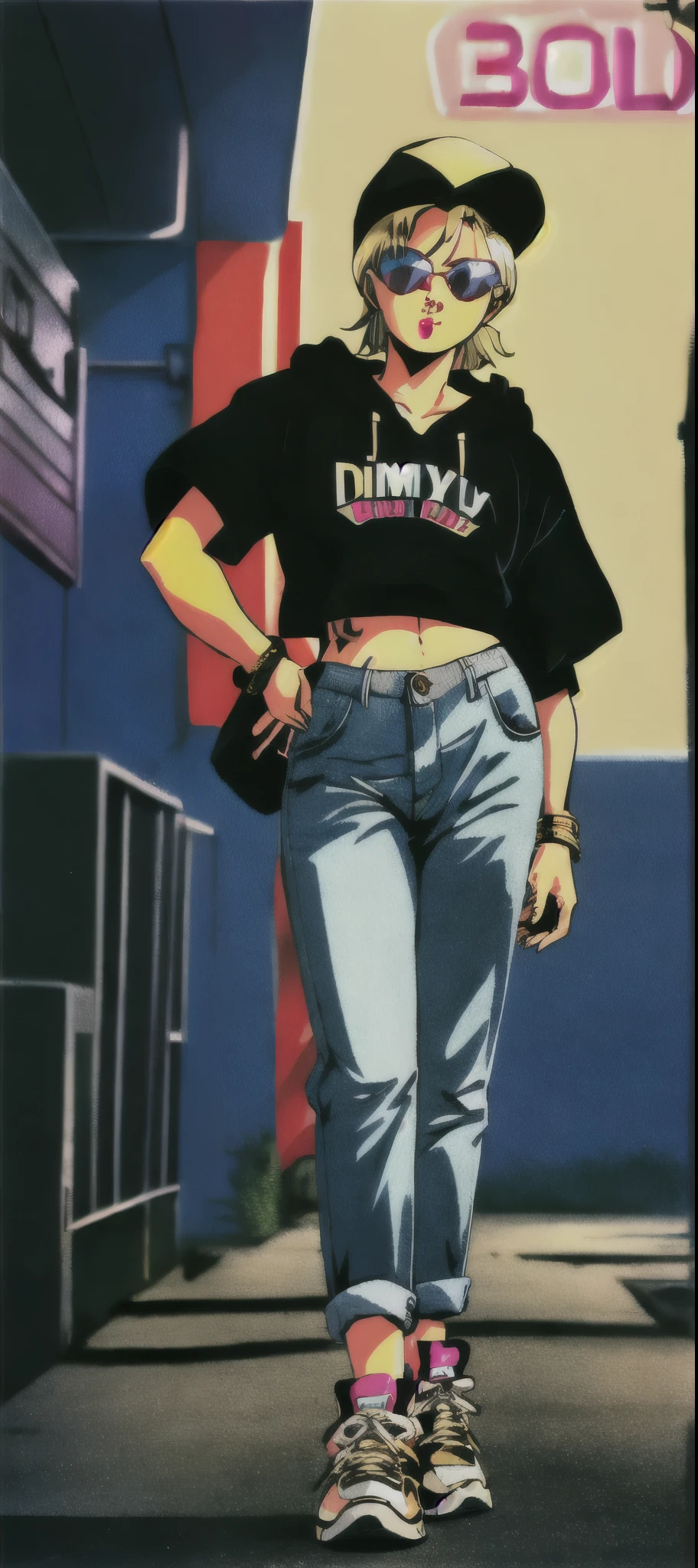 (A best quality,ultra-detailed) 1980s \(style\), tall, thug, gangsta, rude swagger, arrogant, haughty, bad lil bitch, boss bitch, bitchy female, rapper on mic disgusted, saggy creased baggy, stylish hip hop hoodie, graffiti walls, neon lights, boombox, gold chains, baggy jeans, chunky sneakers, oversized sunglasses, fierce attitude, bold makeup, vibrant colors, dynamic pose, city skyline in the background, dimly lit alleyway, confident expression, iconic 90s hairstyle, edgy tattoos, smoke effect, vibrant energy, retro vibes.