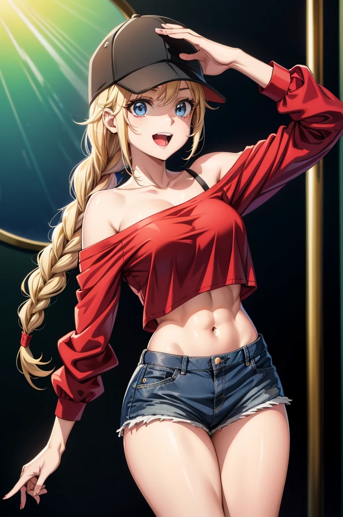 a blonde girl in red shirt top and a black baseball cap is standing up, 1girl, shorts, blonde hair, solo, hat, blue eyes, breasts, twin braids, braid, navel, smile, long hair, open mouth, denim, looking at viewer, baseball cap, large breasts, denim shorts, black headwear, jacket, crop top, short shorts, midriff, shirt, red shirt, abs, off shoulder, collarbone