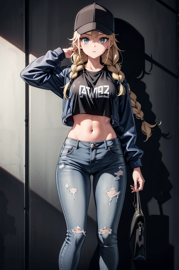 (((grayscale)))(masterpiece:1.2, best quality), (graffiti wall:1.15), 1lady, beanie, jacket, Leggings, blue eyes, fullbody,a female that is naked and holding baseball bat by the back of her head, 1girl, solo, navel, long hair, denim, pants, hat, blue eyes, blonde hair, braid, baseball cap, crop top, long sleeves, hand on headwear, stomach, jacket, looking at viewer, breasts, jeans, black headwear, midriff, zipper pull tab, blue jacket, cowboy shot, zipper, twin braids, holding bag, cropped jacket