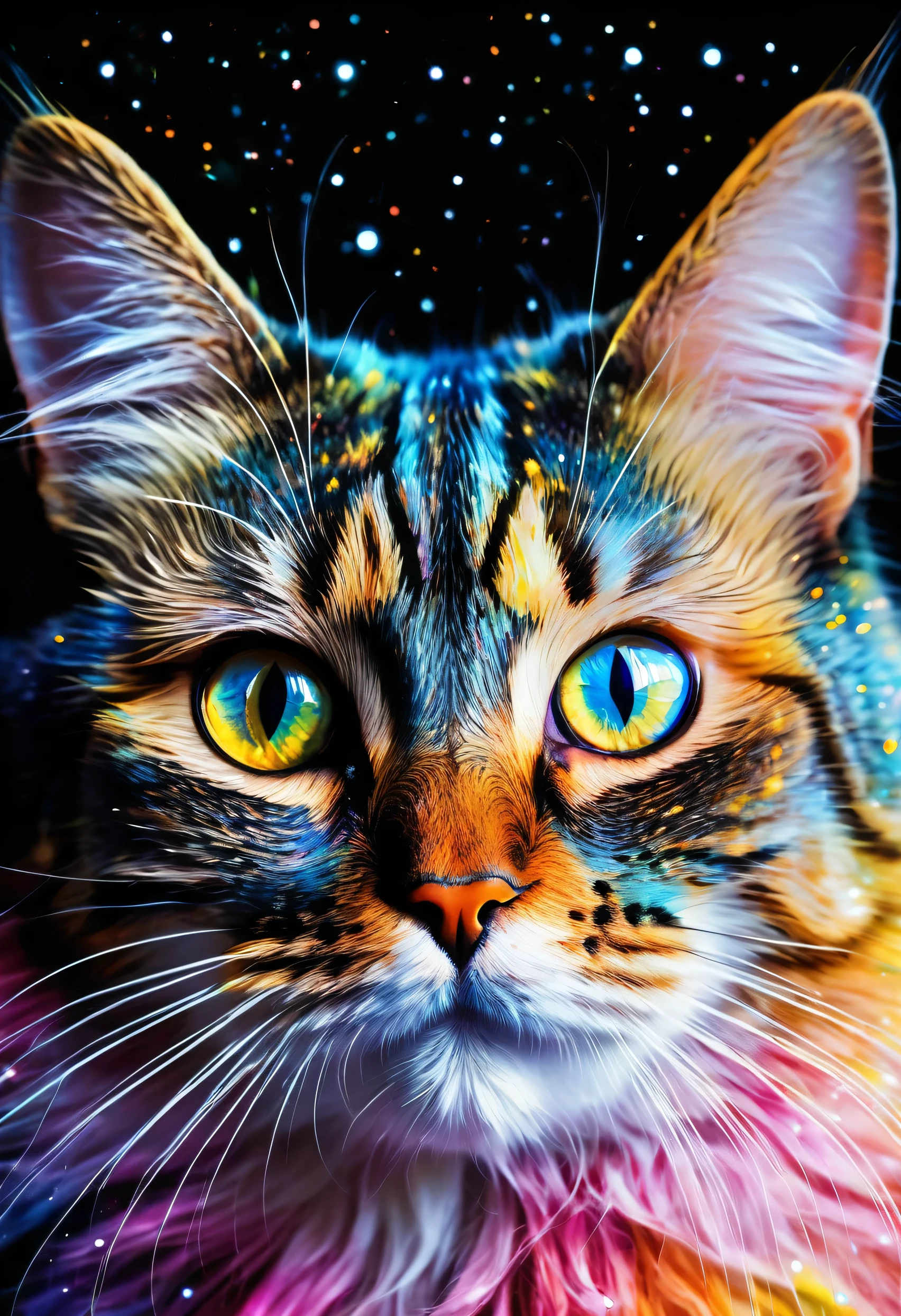 The image features a colorful and vibrant depiction of a cat. The cat's fur is a mixture of bright colors—blues, pinks, oranges, and yellows—giving the impression of a cosmic or galaxy-like theme. Its fur seems to be dusted with speckles of white, resembling stars. The cat's eyes are strikingly yellow, suggesting a sense of curiosity or wonder as it gazes upward. The background is dark, which enhances the colors and gives the image a sense of depth. It appears to be a digital or painted artistic representation rather than a photograph.