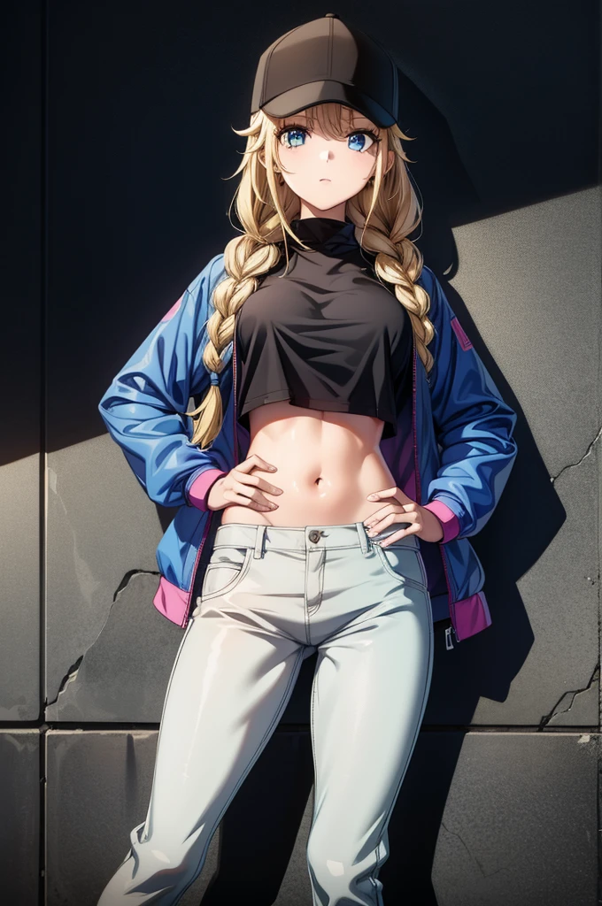 a nice looking girl in blue jeans and a hat leaning against a brick wall, 1girl, hat, solo, crop top, navel, jacket, blonde hair, baseball cap, blue eyes, twin braids, midriff, braid, denim, pants, looking at viewer, open jacket, blue jacket, long sleeves, long hair, crop top overhang, black headwear, breasts, brick wall, open clothes, hand on headwear, stomach, shirt, cowboy shot, holding