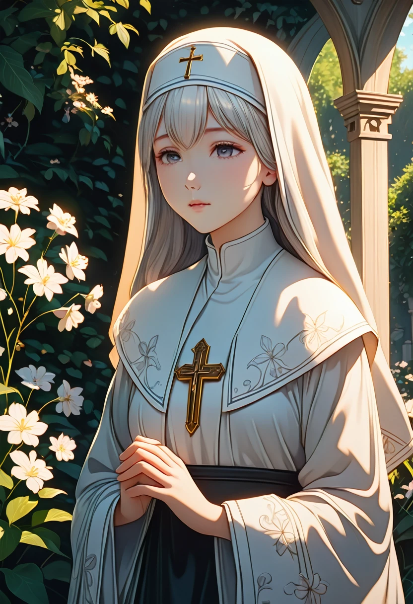 1girl, nun, dark robes, holy cross, serene expression, peaceful garden, soft sunlight, quiet atmosphere, sacred surroundings, (best quality, 4k, 8k, highres, masterpiece:1.2), ultra-detailed, painting-like, soft pastel colors, gentle lighting, aesthetic