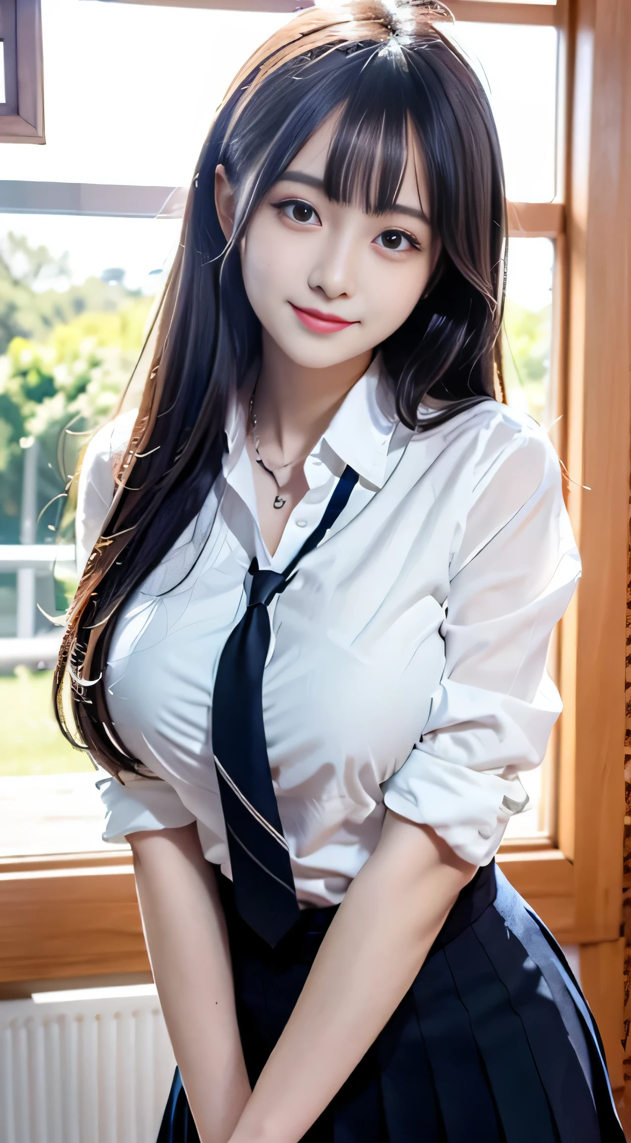 portlate、School Uniforms、bright expression、poneyTail、Young shiny shiny white shiny skin、Best Looks、Blonde reflected light、Platinum blonde hair with dazzling highlights、shiny light hair,、Super long silky straight hair、Beautiful bangs that shine、Glowing crystal clear attractive big blue eyes、Very beautiful nice cute girl、Lush bust、smil、full body seen、with slit、