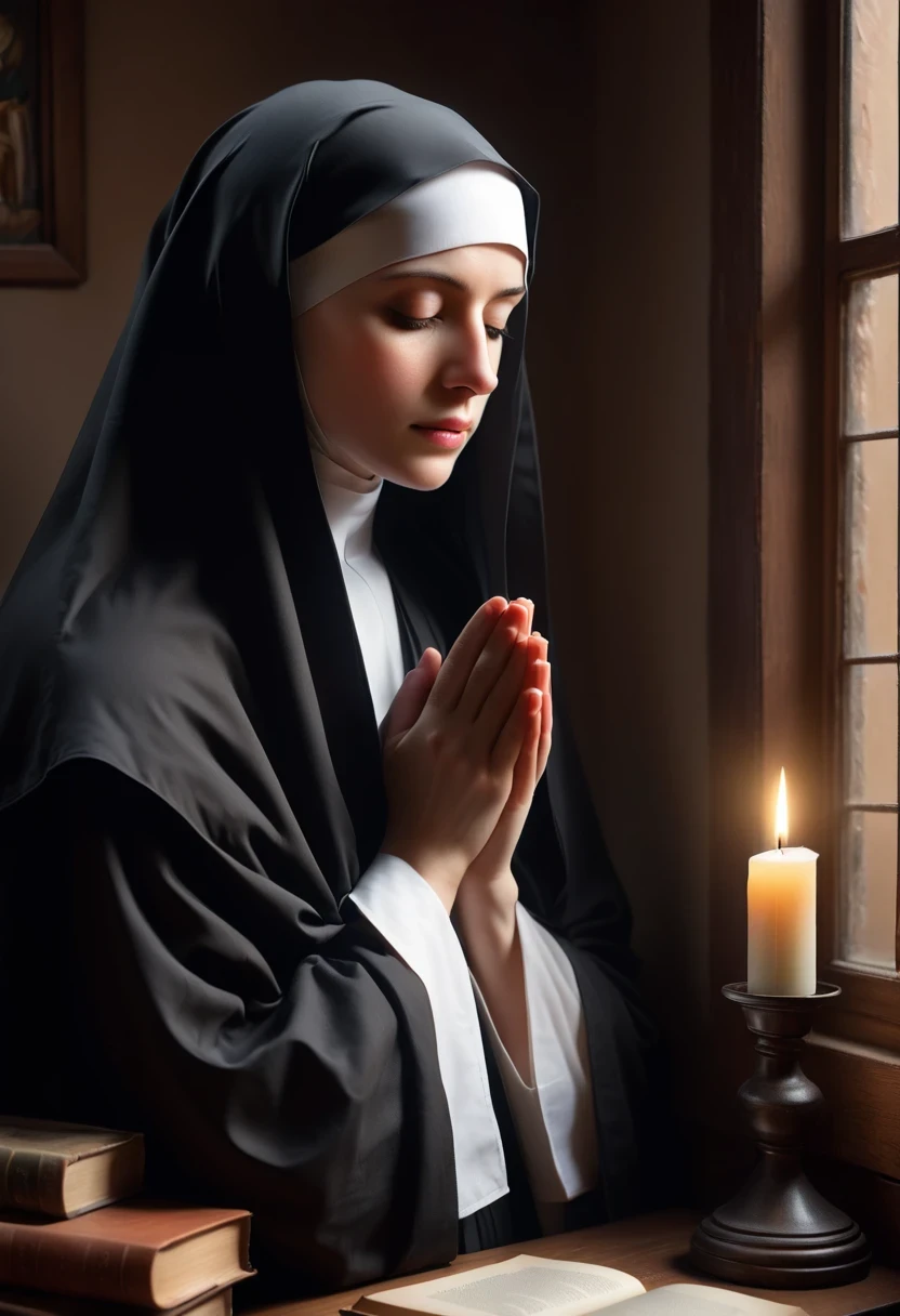 (best quality,4k,8k,highres,masterpiece:1.2),ultra-detailed,(realistic,photorealistic,photo-realistic:1.37),nun,religious
For the prompt about Blessed Teresa of Calcutta, the following is a detailed high-quality prompt:
"A nun in a black robe standing in a humble room (best quality,4k,8k,highres,masterpiece:1.2). The room is dimly lit with a soft glow coming from a small, window. The nun is wearing a white veil and her hands are folded in prayer. She has wrinkles on her kind face (ultra-detailed) and her eyes reflect wisdom and compassion (realistic,photorealistic,photo-realistic:1.37). The texture of the black robe is rich and detailed, showing the fine stitching and folds. In the background, there are shelves filled with books and a wooden crucifix hanging on the wall. The colors are warm and subdued, creating a serene and peaceful atmosphere. The overall lighting is gentle and natural, emphasizing the serene and humble nature of the scene (studio lighting)."
Please note that the prompt should be written as a single, uninterrupted text without any additional explanations or punctuation marks.