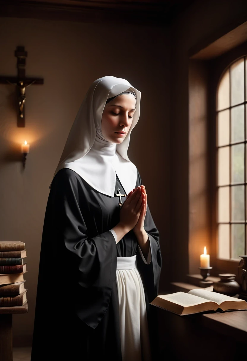 (best quality,4k,8k,highres,masterpiece:1.2),ultra-detailed,(realistic,photorealistic,photo-realistic:1.37),nun,religious
For the prompt about Blessed Teresa of Calcutta, the following is a detailed high-quality prompt:
"A nun in a black robe standing in a humble room (best quality,4k,8k,highres,masterpiece:1.2). The room is dimly lit with a soft glow coming from a small, window. The nun is wearing a white veil and her hands are folded in prayer. She has wrinkles on her kind face (ultra-detailed) and her eyes reflect wisdom and compassion (realistic,photorealistic,photo-realistic:1.37). The texture of the black robe is rich and detailed, showing the fine stitching and folds. In the background, there are shelves filled with books and a wooden crucifix hanging on the wall. The colors are warm and subdued, creating a serene and peaceful atmosphere. The overall lighting is gentle and natural, emphasizing the serene and humble nature of the scene (studio lighting)."
Please note that the prompt should be written as a single, uninterrupted text without any additional explanations or punctuation marks.