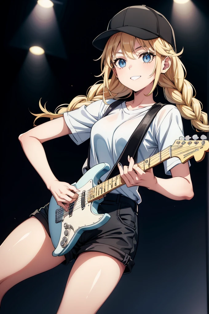 (((grayscale)))(masterpiece:1.2, best quality), (graffiti wall:1.15), 1lady, beanie, jacket, Leggings, blue eyes, fullbody,Masterpiece, best quality, very detailed CG, (complex details:1.2), 8k wallpaper, 1girl, solo, herringbone ,braid, gray , guitar, (holding guitar:1.2), singing, standing, stage lights, (microphone stand:1.2),a young woman with an electric guitar, wearing a black hat and shorts with blonde hair and blue eyes, 1 woman, hat, shorts, black shorts, blue eyes, solo, shirt, blonde hair, baseball cap, braid, twin braids , smile, white shirt, looking at viewer, long hair, short sleeves, shirt tucked in, black cap,,Eiko Tsukimi, blue eyes, braid, twin braid, blonde hair, long hair
