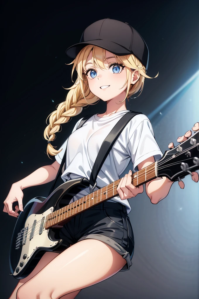 (((grayscale)))(masterpiece:1.2, best quality), (graffiti wall:1.15), 1lady, beanie, jacket, Leggings, blue eyes, fullbody,Masterpiece, best quality, very detailed CG, (complex details:1.2), 8k wallpaper, 1girl, solo, herringbone ,braid, gray , guitar, (holding guitar:1.2), singing, standing, stage lights, (microphone stand:1.2),a young woman with an electric guitar, wearing a black hat and shorts with blonde hair and blue eyes, 1 woman, hat, shorts, black shorts, blue eyes, solo, shirt, blonde hair, baseball cap, braid, twin braids , smile, white shirt, looking at viewer, long hair, short sleeves, shirt tucked in, black cap,,Eiko Tsukimi, blue eyes, braid, twin braid, blonde hair, long hair