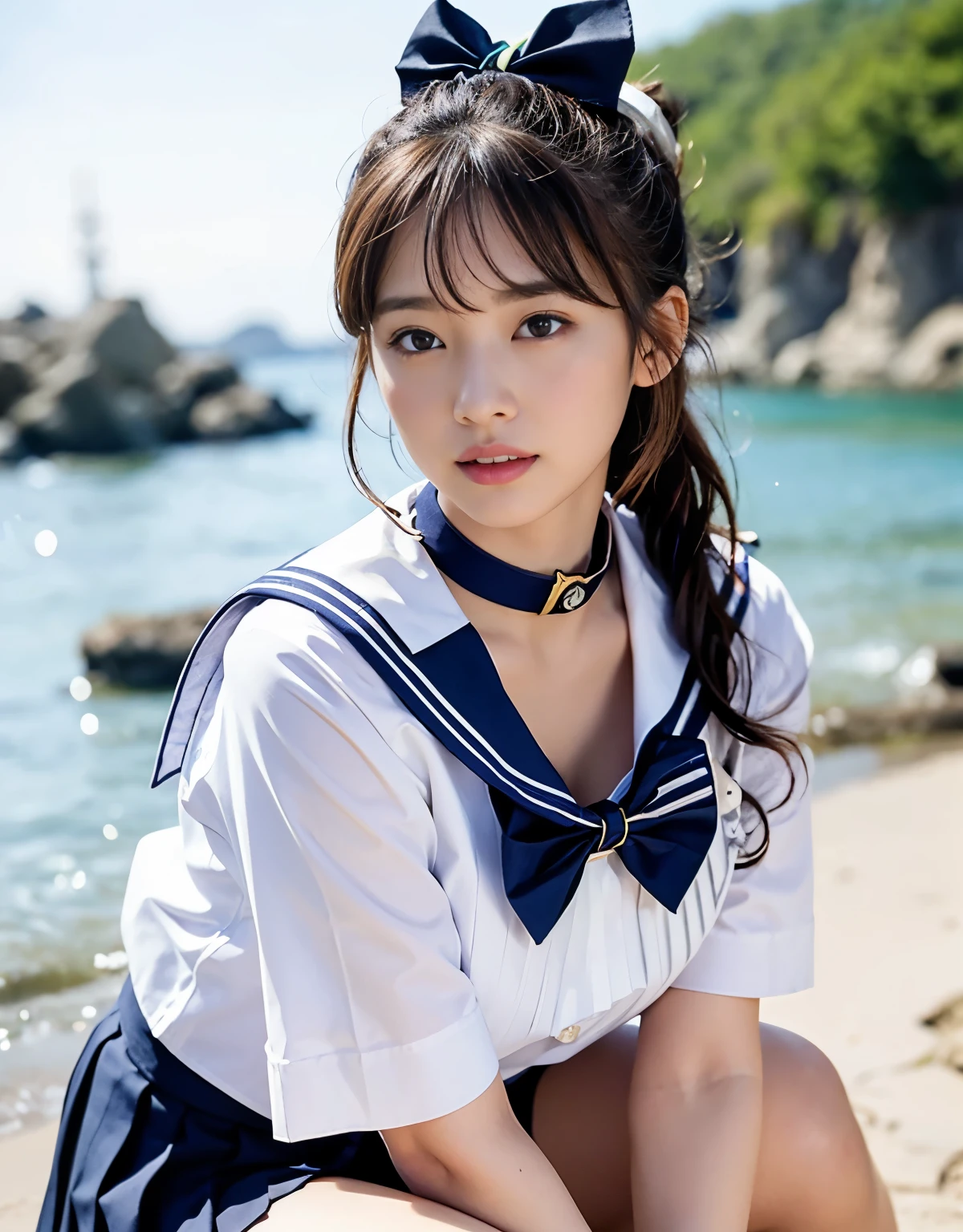 NSFW, 16k raw photos, highest quality, masterpiece, ultra high resolution, film grain, ((She is wearing (a high school sailor uniform).
(navy sailor collar:1.4),(white shirt:1.4),(navy pleats skirt:1.4),(navy bow:1.4))).film, 1 girl, look at the audience, Natural skin texture very heavy chest))),Realistic eye and face details, full lips, lipstick makeup), red eyeshadow, Fluffy ponytail hair, messy hair, A sloppy smile, beautiful legs, tall woman, skinny, slim_Legs, solo, huge breasts, cleavage, butt, shirt,, around the flower position, (detailed background,skimpy white shirt, huge breasts, cleavage, blurred background, plaid,, ((JK with a silver ribbon wrapped around her neck))),big JK ribbon, brown hair, bracelet, water, bangs, jewelry, parted lips,, Depth of bounds written、Underarm pussy、beautiful sea、water color striped pattern、beautiful sandy beach、