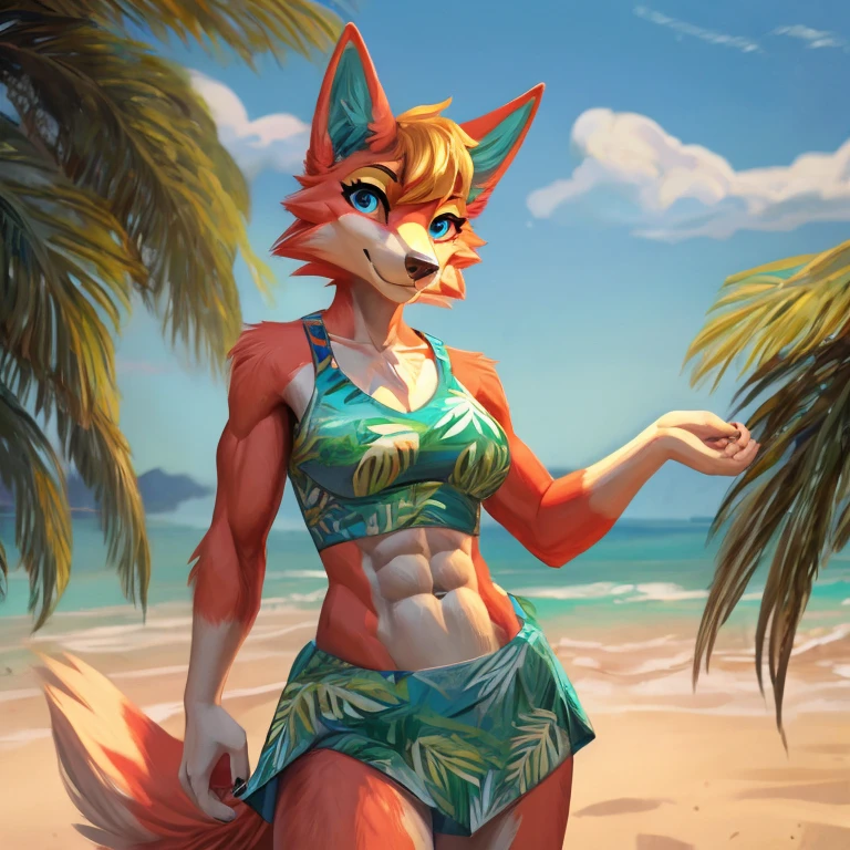 a digital artwork of audie with abs wearing a crop top of her default Hawaiian dress with a bare midriff and a bare navel , digital art, ((perfect face)), ((best quality)), ((masterpiece)),