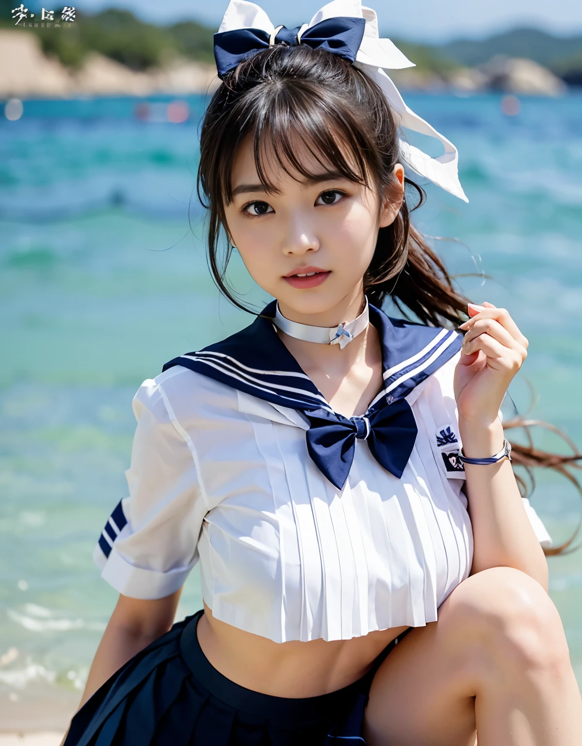 NSFW, 16k raw photos, highest quality, masterpiece, ultra high resolution, film grain, ((She is wearing (a high school sailor uniform).
(navy sailor collar:1.4),(white shirt:1.4),(navy pleats skirt:1.4),(navy bow:1.4))).film, 1 girl, look at the audience, Natural skin texture very heavy chest))),Realistic eye and face details, full lips, lipstick makeup), red eyeshadow, Fluffy ponytail hair, messy hair, A sloppy smile, beautiful legs, tall woman, skinny, slim_Legs, solo, huge breasts, cleavage, butt, shirt,, around the flower position, (detailed background,skimpy white shirt, huge breasts, cleavage, blurred background, plaid,, ((JK with a silver ribbon wrapped around her neck))),big JK ribbon, brown hair, bracelet, water, bangs, jewelry, parted lips,, Depth of bounds written、Underarm pussy、beautiful sea、water color striped pattern、beautiful sandy beach、