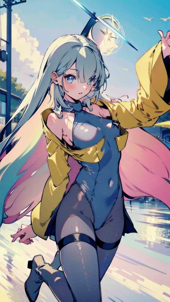 highest quality，detailed description，Full body Esbian，full body，Leotard sneak peek, kung fu pose，dramatic，spread your legs，sweaty, masterpiece, highest quality, Super detailed, GSC Chairman, Hello, colorful hair, hair above one eye, blue eyes, single blade, bangs, large clothes,  yellow jacket, wide sleeve, sleeves go over wrists, gray leotard， Grey hose, boots, one leg panty thigh strap elegant, 1 girl, cute, blushed, looking at the viewer, beautiful eyes, beautiful background, particles of light, Light of the sun, dramaticな照明, outside, shiny, realistic, highest quality, Super detailed, get used to it, scenery, beautiful and detailed eyes, thin hair，