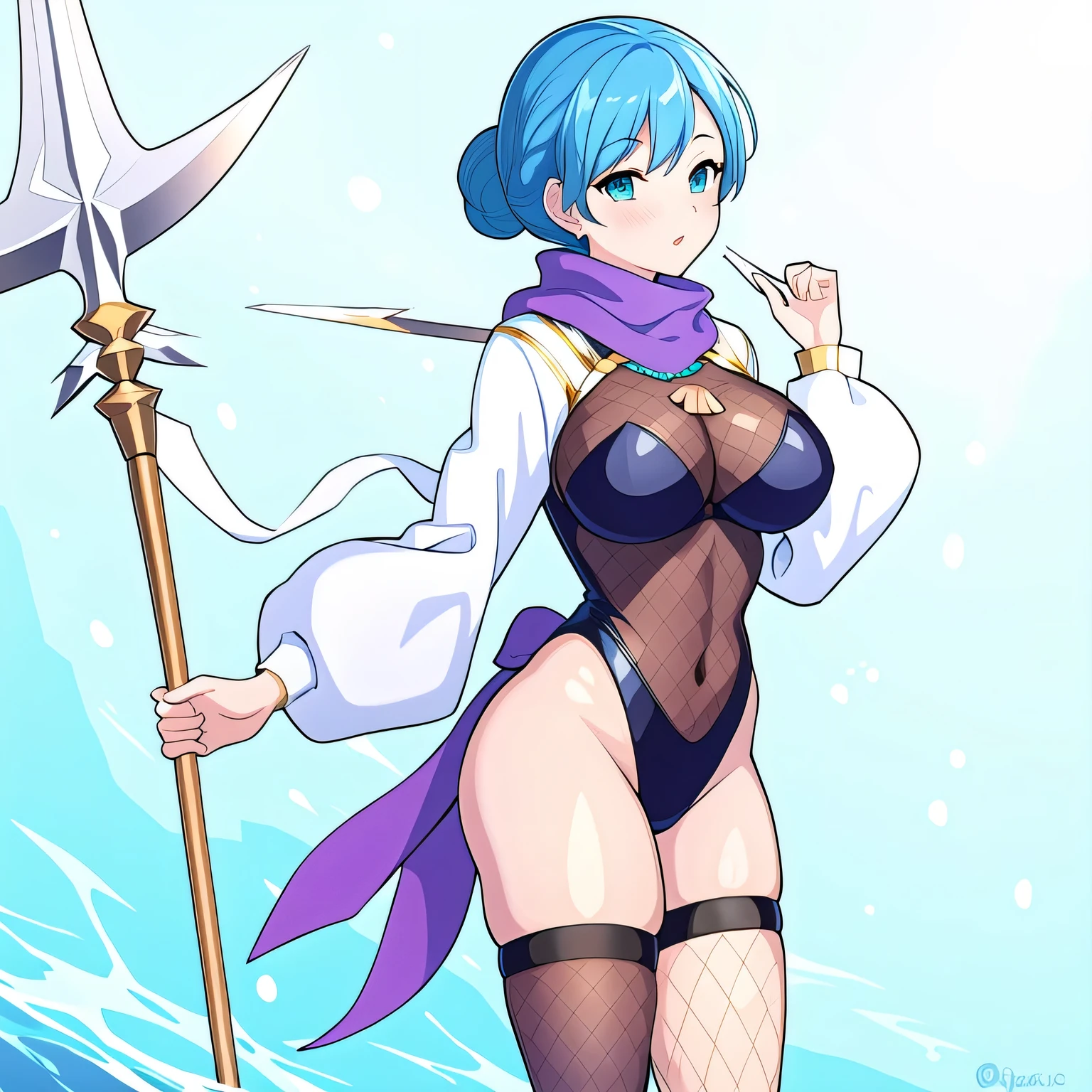 (masterpiece, best quality:1.2), 1girl, solo, tied-up hair, blue hair, aquamarine eyes, large breasts, fishnet bodysuit, purple scarf, leotard, jewelry, swept bangs, seashell, long sleeves, Maiden of Aqua, side view, holding trident