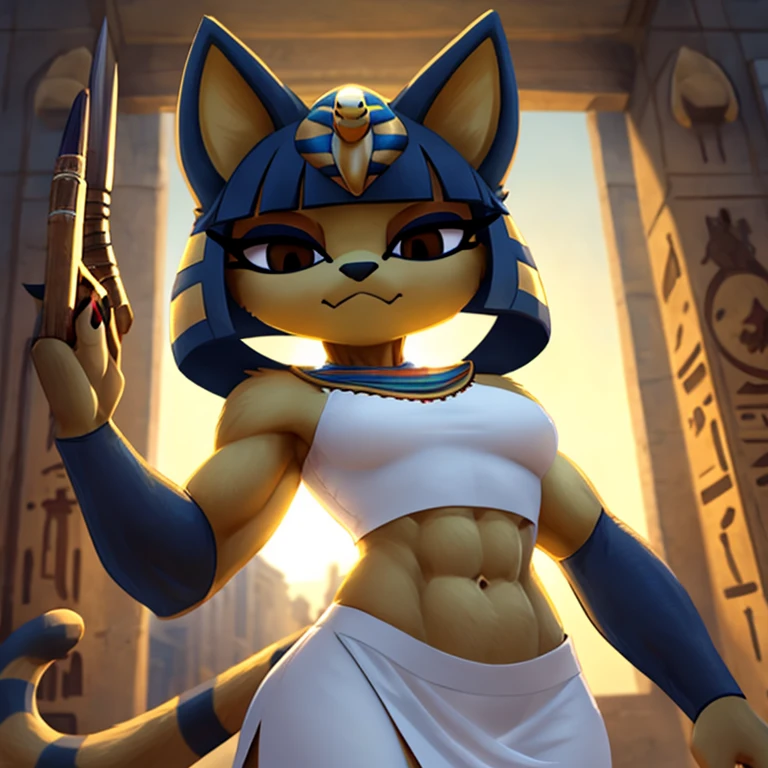 a digital artwork of ankha with abs wearing a crop top of her white sleeveless dress outfit with a bare midriff and a bare navel , digital art, ((perfect face)), ((best quality)), ((masterpiece)),