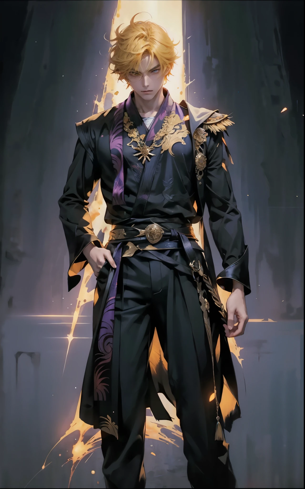 A man with short orange-yellow hair, messy hair ends, middle part long bangs, orange-yellow eyebrows, a furrowed brow, a focused gaze, a fantasy martial arts-style black-purple long robe with an openwork design revealing a plain undershirt, long sleeves, a satin sash belt, loose fabric trousers, he lifts his hand and bows his head in contemplation, set within a surreal room that melds fantasy and sci-fi elements, this character embodies a finely crafted fantasy martial arts-style feng shui master in anime style, exquisite and mature manga art style, high definition, best quality, highres, ultra-detailed, ultra-fine painting, extremely delicate, professional, perfect body proportions, golden ratio, anatomically correct, symmetrical face, extremely detailed eyes and face, high quality eyes, creativity, RAW photo, UHD, 32k, Natural light, cinematic lighting, masterpiece-anatomy-perfect, masterpiece:1.5
