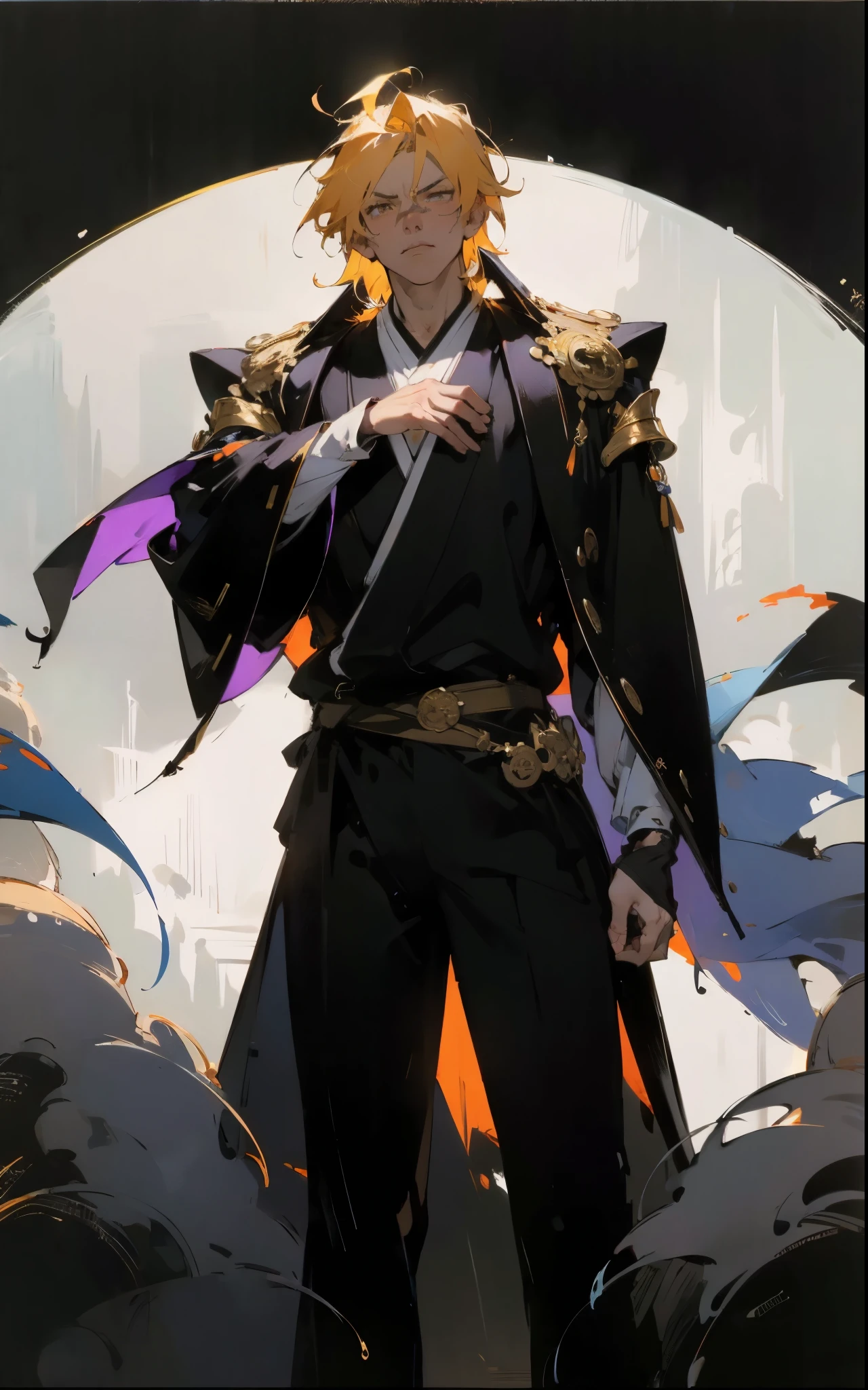 A man with short orange-yellow hair, messy hair ends, middle part long bangs, orange-yellow eyebrows, a furrowed brow, a focused gaze, a fantasy martial arts-style black-purple long robe with an openwork design revealing a plain undershirt, long sleeves, a satin sash belt, loose fabric trousers, he lifts his hand and bows his head in contemplation, set within a surreal room that melds fantasy and sci-fi elements, this character embodies a finely crafted fantasy martial arts-style feng shui master in anime style, exquisite and mature manga art style, high definition, best quality, highres, ultra-detailed, ultra-fine painting, extremely delicate, professional, perfect body proportions, golden ratio, anatomically correct, symmetrical face, extremely detailed eyes and face, high quality eyes, creativity, RAW photo, UHD, 32k, Natural light, cinematic lighting, masterpiece-anatomy-perfect, masterpiece:1.5