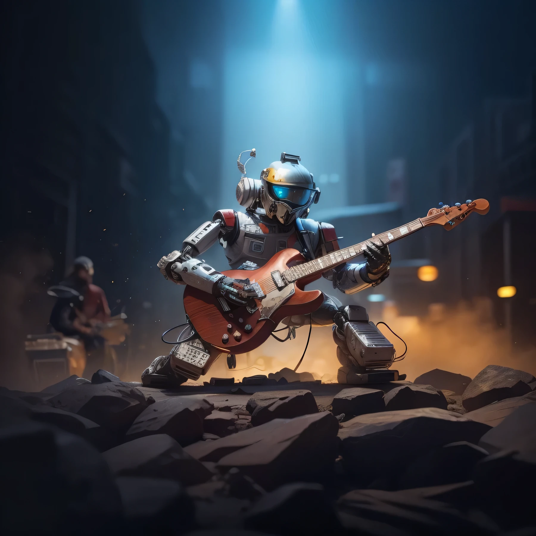 a close up of a robot playing a guitar on a rock, the band name is roborock, rocking out, progressive rock album cover, album art, promo art, rolands zilvinskis 3d render art, solo performance unreal engine, rob mcnaughton, guitarist, heavy metal artwork, by Patrick Brown, 3d render digital art