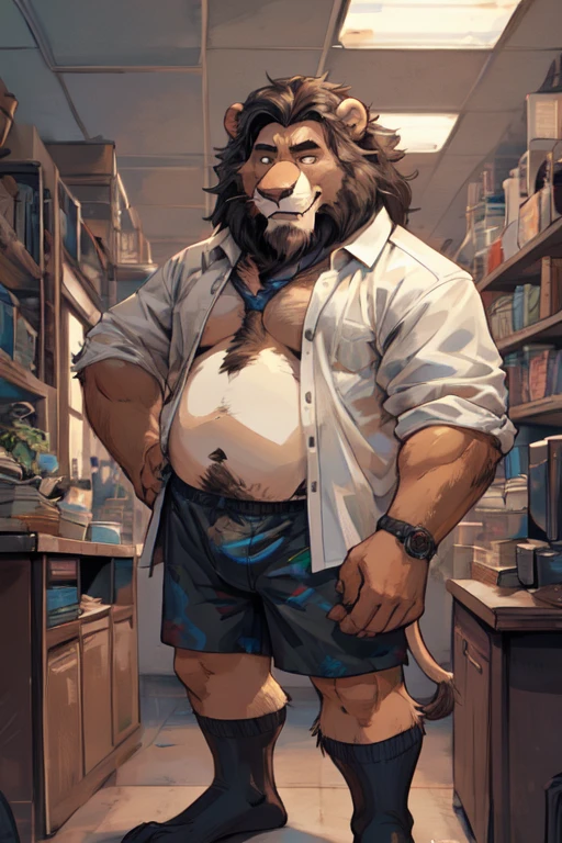 (by dramamine, by haps), mature male, eye scar, old chubby lion, (Brown fur:1.2),middle-age,((black short hair)),((facial beard)),(hi res, best quality, high quality, detailed, shaded, shading, masterpiece:1.2), detailed eyes, detailed clothing, smirk, seductive smile, hairy chest, glasses,inside office,(blue pattern boxers:1.4), (white Open shirt:1.5), (necktie removed),(black socks:1.2). Capa de revista, destaque de revista.