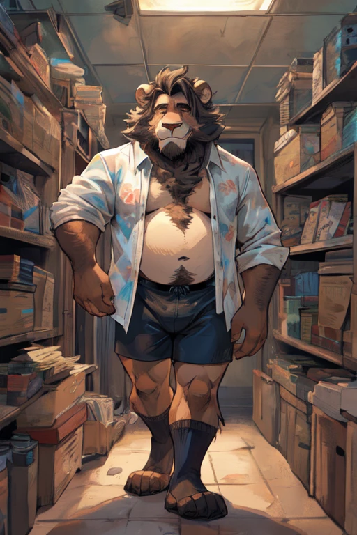 (by dramamine, by haps), mature male, eye scar, old chubby lion, (Brown fur:1.2),middle-age,((black short hair)),((facial beard)),(hi res, best quality, high quality, detailed, shaded, shading, masterpiece:1.2), detailed eyes, detailed clothing, smirk, seductive smile, hairy chest, glasses,inside office,(blue pattern boxers:1.4), (white Open shirt:1.5), (necktie removed),(black socks:1.2). Capa de revista, destaque de revista.