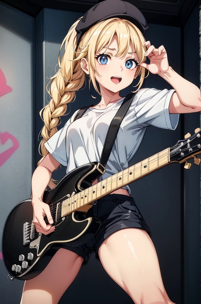 (((grayscale)))(masterpiece:1.2, best quality), (graffiti wall:1.15), 1lady, beanie, jacket, Leggings, blue eyes, fullbody,Masterpiece, best quality, very detailed CG, (complex details:1.2), 8k wallpaper, 1girl, a pretty blonde girls playing an electric guitar with a microphone in the middle of the room, with lights flashing, 1girl, solo, instrument, shirt, blonde hair, blue eyes, braid, shorts, twin braids, smile, white shirt, hat, black shorts, long hair, looking at viewer, open mouth, guitar, breasts, short sleeves, shirt tucked in, holding, microphone,,Eiko Tsukimi, blue eyes, braid, twin braid, blonde hair, long hair