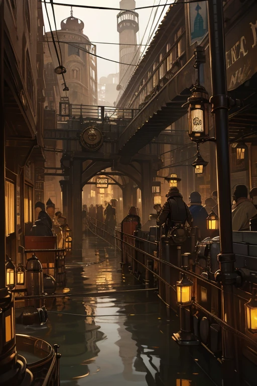 (((Steampunk))),City,(((crowded building))),exposed gear and pipes,(((dim lights))),flooded ground,((gear)),((thick pipe)),covered bridge,The perspective is bottom-up, Reflects the height of the building,dark weather,smoking chimney,(((Machinery))),((Interlaced wires)),crowded City,irregular buildings
