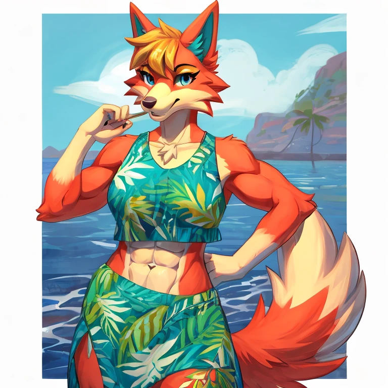 a digital artwork of audie with abs wearing a crop top of her  default Hawaiian dress  with a bare midriff and a bare navel , digital art, ((perfect face)), ((best quality)), ((masterpiece)),