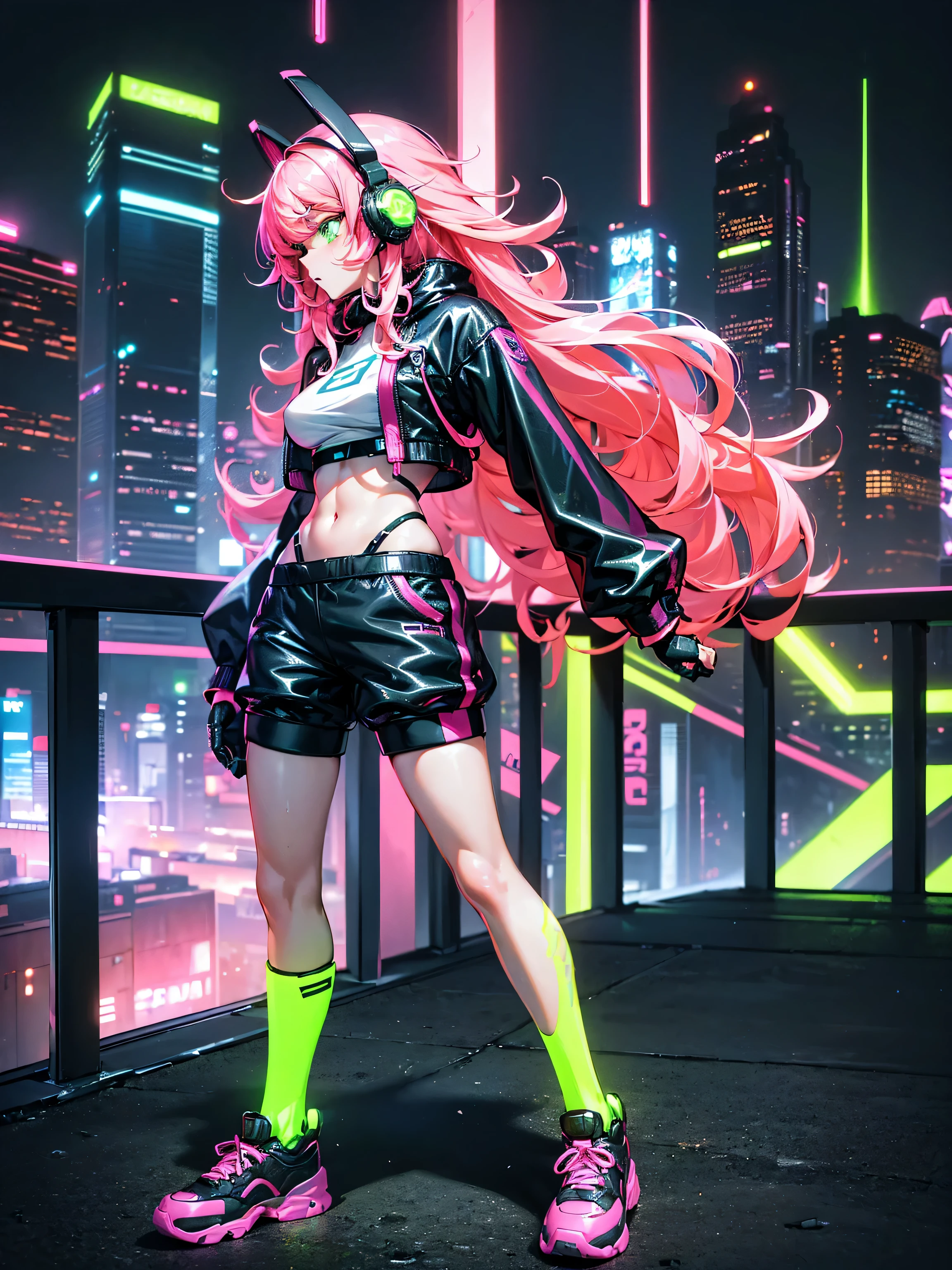 masterpiece:1.4, 1girl ((20year old, dressed in long sleeve shirt, tight black shorts, sneakers, medium breasts, multicolor pink hair, curly long hair, green eyes:1.4, Wearing headphones, side view, standing on a balcony:1.1 tall sci-fi buildings in background:1.1, neon and energetic atmosphere:1.2)) ((nighttime)) ((low camera angle, ground view)) ((solo:1.6))