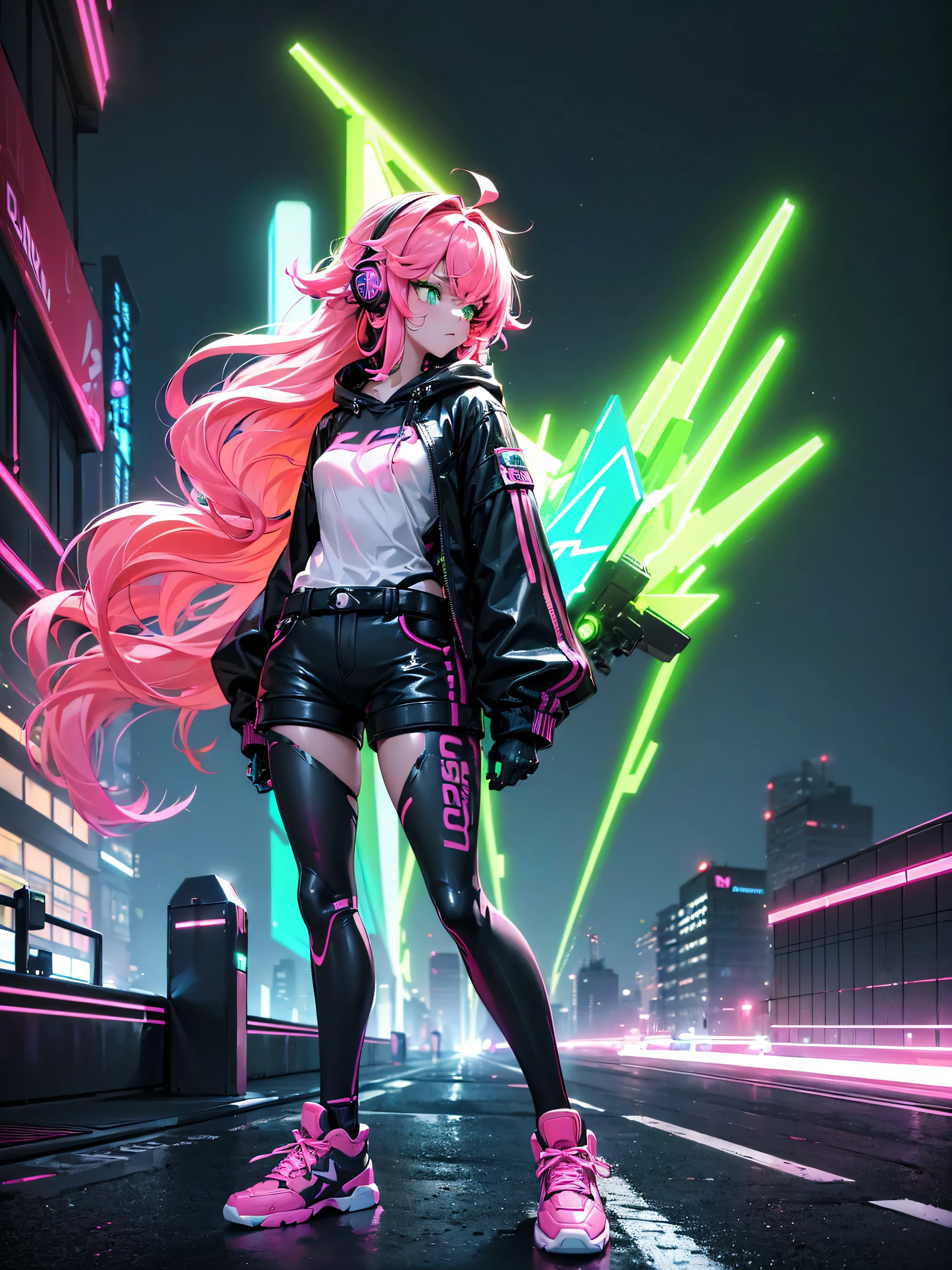 masterpiece:1.4, 1girl ((20year old, dressed in long sleeve shirt, tight black shorts, sneakers, medium breasts, multicolor pink hair, curly long hair, green eyes:1.4, Wearing headphones, side view, standing on a balcony:1.1 tall sci-fi buildings in background:1.1, neon and energetic atmosphere:1.2)) ((nighttime)) ((low camera angle, ground view)) ((solo:1.6))