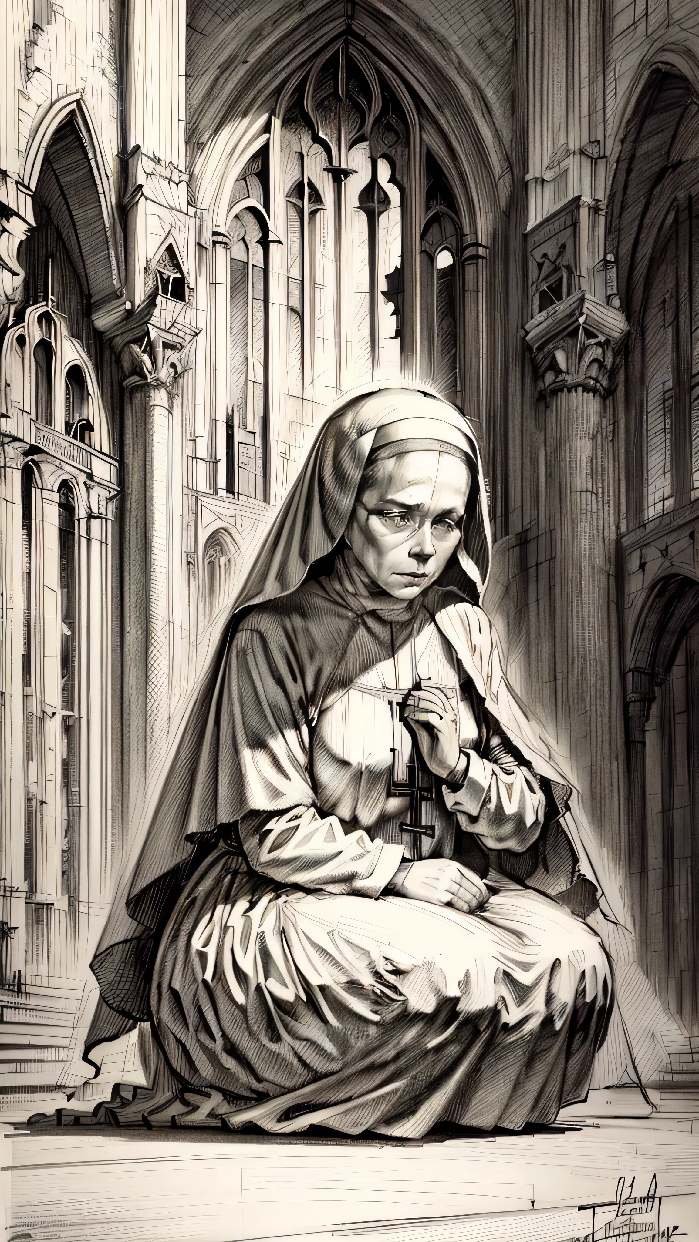 ((Nun Praying in a Cathedral, Drawing an Image with a Pencil Sketch Black and White Flat Sketch Realistic Sketches)) (Best Quality, tmasterpiece:1,1), Best Improvisation, Sensitivity, Detailed Illustration, Grotesque, Complicated Details, Cooling, (Aesthetic), hyper-realistic, incredibly detailed,