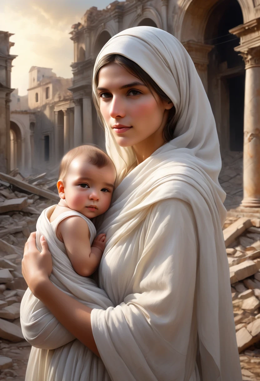 Blessed Teresa of Calcutta, black robe, cinched waist, white headscarf, embracing a , standing amidst war ruins, (best quality,4k,8k,highres,masterpiece:1.2), ultra-detailed, (realistic,photorealistic,photo-realistic:1.37), soft lighting, gentle tones, beautiful detailed eyes, compassionate smile, serene expression, golden halo, intricate folds on the robe, weathered textures on the ruins, somber atmosphere, divine grace, vivid colors, painterly portrait, sacred aura.