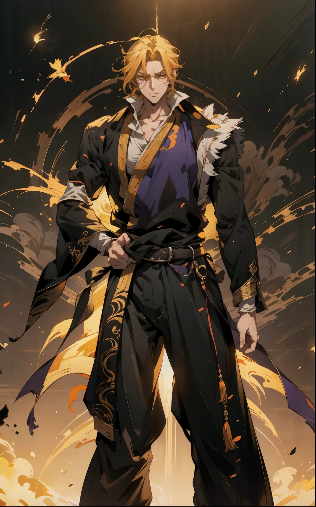 A man with short orange-yellow hair, messy hair ends, middle part long bangs, orange-yellow eyebrows, a furrowed brow, a focused gaze, a fantasy martial arts-style black-purple long robe with an openwork design revealing a plain undershirt, long sleeves, a satin sash belt, loose fabric trousers, he lifts his hand and bows his head in contemplation, set within a surreal room that melds fantasy and sci-fi elements, this character embodies a finely crafted fantasy martial arts-style feng shui master in anime style, exquisite and mature manga art style, high definition, best quality, highres, ultra-detailed, ultra-fine painting, extremely delicate, professional, perfect body proportions, golden ratio, anatomically correct, symmetrical face, extremely detailed eyes and face, high quality eyes, creativity, RAW photo, UHD, 32k, Natural light, cinematic lighting, masterpiece-anatomy-perfect, masterpiece:1.5