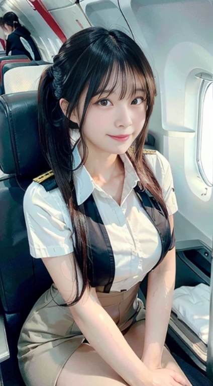 (highest quality,masterpiece:1.3,ultra high resolution,)ultra-realistic capture,very detailed,High resolution 16K natural skin texture、,The pores are、、、、、、、Must be detailed enough to be easily identified。 Skin should look even-toned and healthy。 Use natural light and color, Cabin attendant, Stewardess taking a break(Japan Aviation Uniforms), Inside the plane、,1 girl,Japanese,18-year-old,cute,black haired,ponytail,big breasts,smile, (realistic hair: 1.2) (wet skin: 1.2), spread your legs,squat、from belowのアングル,big breasts,sweaty, drenched, water droplets running down the legs, Lower body soaking wet, Wet hips,Lower body exposed,from below、show nipples、