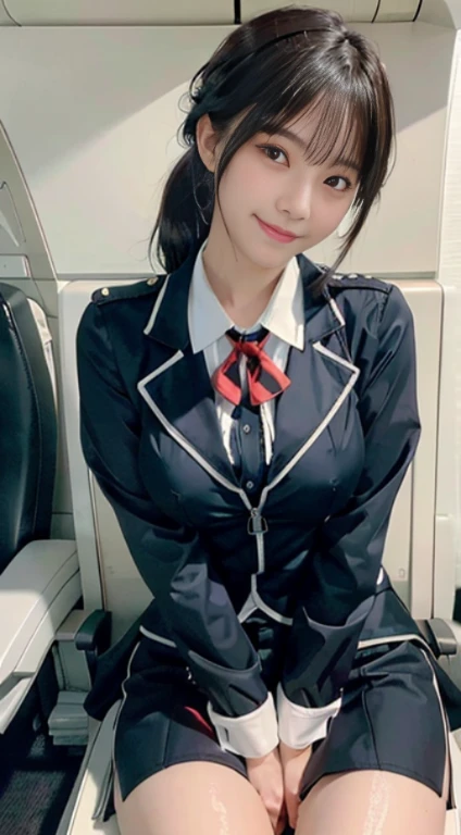 (highest quality,masterpiece:1.3,ultra high resolution,)ultra-realistic capture,very detailed,High resolution 16K natural skin texture、,The pores are、、、、、、、Must be detailed enough to be easily identified。 Skin should look even-toned and healthy。 Use natural light and color, Cabin attendant, Stewardess taking a break(Japan Aviation Uniforms), Inside the plane、,1 girl,Japanese,18-year-old,cute,black haired,ponytail,big breasts,smile, (realistic hair: 1.2) (wet skin: 1.2), spread your legs,squat、from belowのアングル,big breasts,sweaty, drenched, water droplets running down the legs, Lower body soaking wet, Wet hips,Lower body exposed,from below、show nipples、