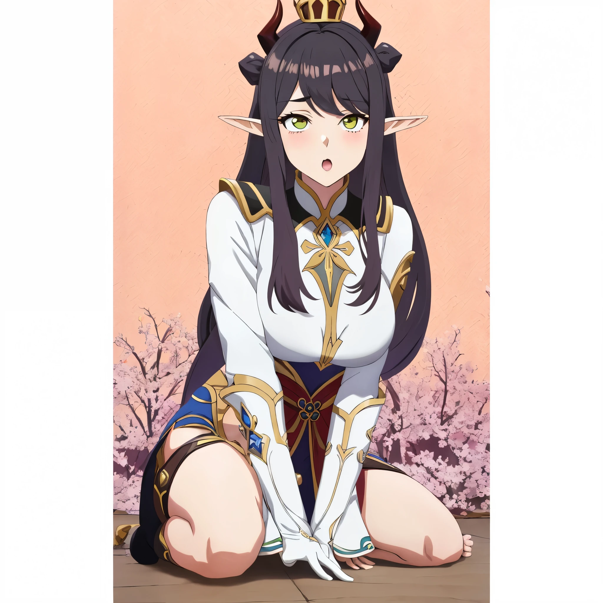 loira, hair blonde, anime girl, mulher com chifre, elfa com chifres, demon breed big breasts, garota linda, a cartoon picture of a woman with lo an elf queen, elf queen, keqing from genshin impact,garota rindo, , garota sexy, sensual, uniforme com decote, decote no peito, peitos grandes, olhar sedutor, uniforme desabotoado, sutia preto, decote peitos grandes, boca aberta