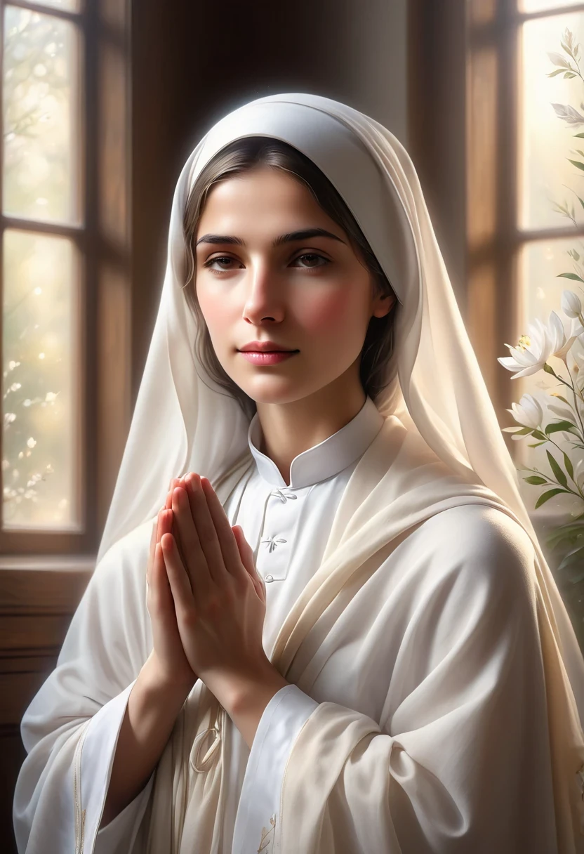 (best quality,4k,8k,highres,masterpiece:1.2),ultra-detailed,(realistic,photorealistic,photo-realistic:1.37),Blessed Teresa of Calcutta,monastic,nun,black robe,white veil,calm expression,kneeling in prayer,hands clasped together in devotion,humble surroundings,peaceful aura,simple yet meaningful gestures,pure soul,gentle smile with kind eyes,divine light illuminating her face,subtle glow surrounding her,soft pastel colors,tranquil atmosphere,sunlight filtering through the windows,sacred atmosphere,sublime spiritual presence,inner radiance,pensive mood,serene and compassionate presence,divine grace,powerful sense of faith and devotion,saintly figure,inspiring example of love and selflessness,symbol of hope and compassion,devout servant of God,her spiritual purity emanating from within,legacy of devoted service,inspired by her extraordinary life and work,legacy of love and kindness,living embodiment of compassion and mercy,inspiration for millions around the world.