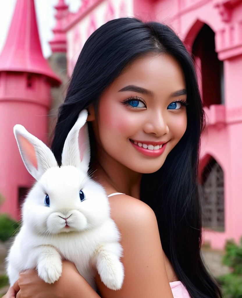 I want one with white and black hair, blue eyes, dark skin, Thai appearance mixed with Brazilian, pink cheeks, smile on her face, with a bunny in her hand, the bunny has to be red with a backdrop of a castle behind and there are people in that castle who you can see it from the windows