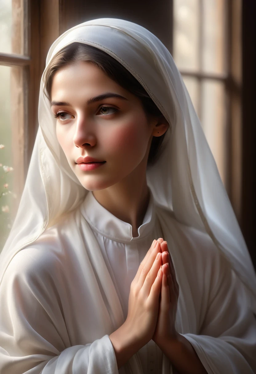 (best quality,4k,8k,highres,masterpiece:1.2),ultra-detailed,(realistic,photorealistic,photo-realistic:1.37),Blessed Teresa of Calcutta,monastic,nun,black robe,white veil,calm expression,kneeling in prayer,hands clasped together in devotion,humble surroundings,peaceful aura,simple yet meaningful gestures,pure soul,gentle smile with kind eyes,divine light illuminating her face,subtle glow surrounding her,soft pastel colors,tranquil atmosphere,sunlight filtering through the windows,sacred atmosphere,sublime spiritual presence,inner radiance,pensive mood,serene and compassionate presence,divine grace,powerful sense of faith and devotion,saintly figure,inspiring example of love and selflessness,symbol of hope and compassion,devout servant of God,her spiritual purity emanating from within,legacy of devoted service,inspired by her extraordinary life and work,legacy of love and kindness,living embodiment of compassion and mercy,inspiration for millions around the world.