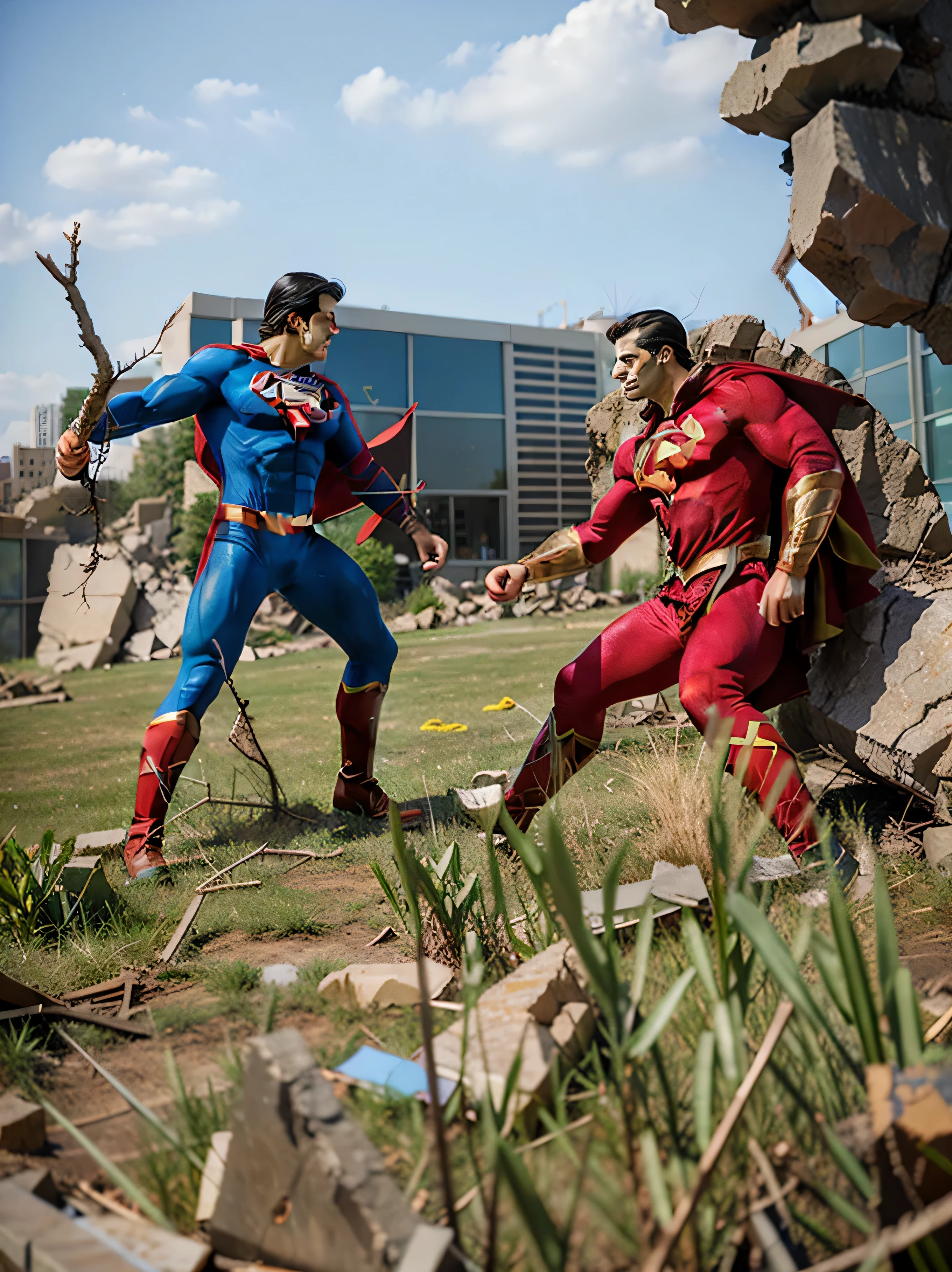 Superman versus Shazam, grass, bushes, branches, rocks, destroyed background, broken buildings and mirrors.