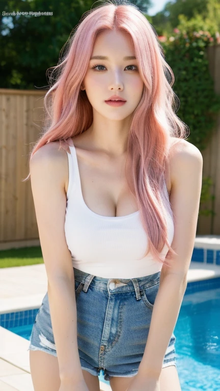 （lively， High resolution：1.3）， 1 Girl with perfect body， highly detailed face and eyes，long hair， random color tank top：1.2， big breasts　pink hair　white t-shirt　denim shorts　Poolside　