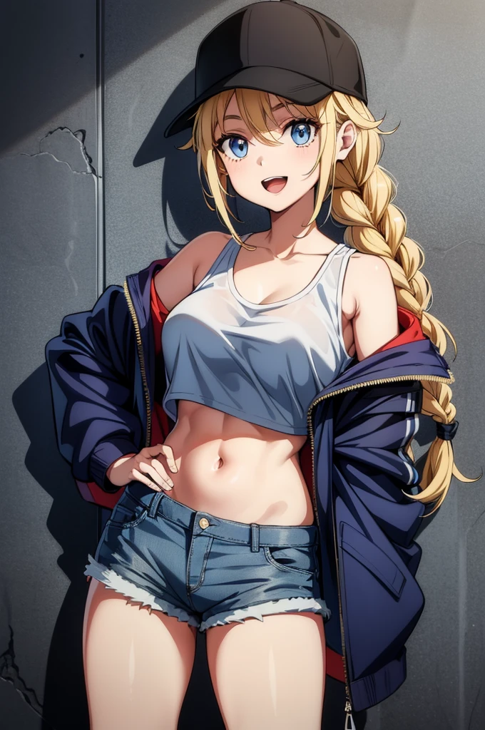 (((grayscale)))(masterpiece:1.2, best quality), (graffiti wall:1.15), 1lady, beanie, jacket, Leggings, blue eyes, fullbody,an anime female super hero posing with a baseball cap over her eyes, 1girl, solo, hat, shorts, blonde hair, twin braids, navel, crop top, denim shorts, jacket, breasts, smile, red eyes, open mouth, denim, shirt, braid, long hair, crop top overhang, white shirt, looking at viewer, midriff, baseball cap, short shorts, off shoulder, stomach, :d, open jacket, large breasts, black headwear, red jacket, cutoffs, open clothes, cowboy shot, thighs ,Eiko Tsukimi, blue eyes, braid, twin braids, blonde hair, semi long hair,