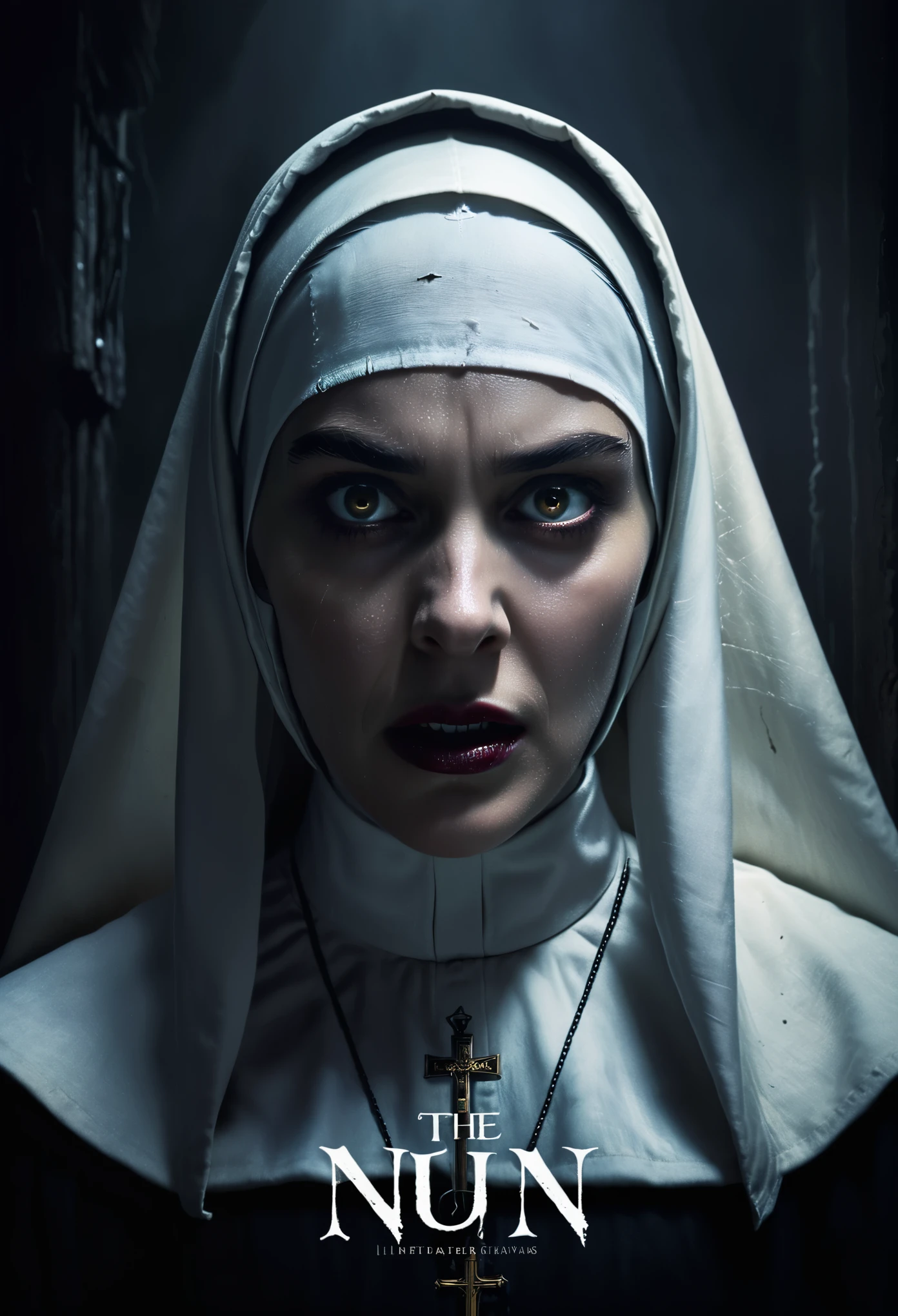 poster of a horror movie The Nun, sign that says "The NUN", illustrated,highres,(dark,spooky) atmosphere,scary,claustrophobic nun's face,holy cross,creepy background,menacing shadows,eerie lighting,extremely detailed wrinkles,gloomy color palette,tattered nun's habit,terrifying eyes,long claws