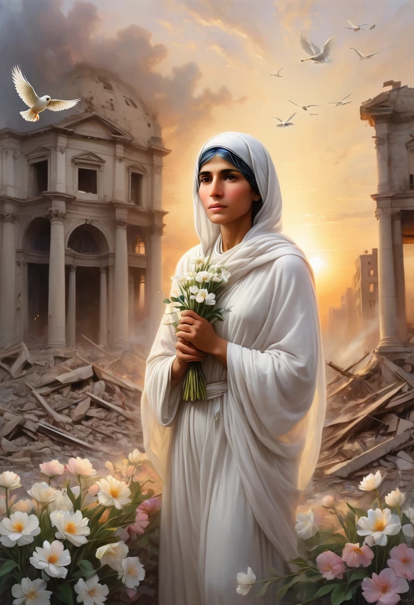Blessed Teresa of Calcutta standing on the ruins of war
The description of the scene:
Beautiful detailed eyes, beautiful detailed lips, extremely detailed eyes and face, long eyelashes, blessed Teresa of Calcutta stands gracefully on the ruins of a war-torn city. The setting sun casts a warm golden light on her serene face, accentuating her compassionate expression. Her flowing white robes gently sway in the breeze, symbolizing purity and divinity. The city's destruction can be seen in the crumbling buildings, scattered debris, and damaged streets. Despite the devastation, there are signs of hope and rebirth as flowers bloom amidst the ruins, representing resilience and the power of love and kindness. The air is filled with a sense of peace and tranquility as birds soar high above, symbolizing and hope. The color palette is dominated by soft pastel tones, conveying a gentle and soothing atmosphere. The lighting is ethereal, with a soft glow enveloping the scene, creating a dreamlike and otherworldly ambiance. This masterpiece of art captures the spirit of Blessed Teresa of Calcutta, her unwavering dedication, and unwavering love for humanity, even in the face of adversity.
Tags:
ultra-detailed, realistic, highres, best quality, compassionate expression, serene face, flowing white robes, war-torn city, ruins, destruction, resilience, love, hope, flowers, birds, pastel tones, ethereal lighting.