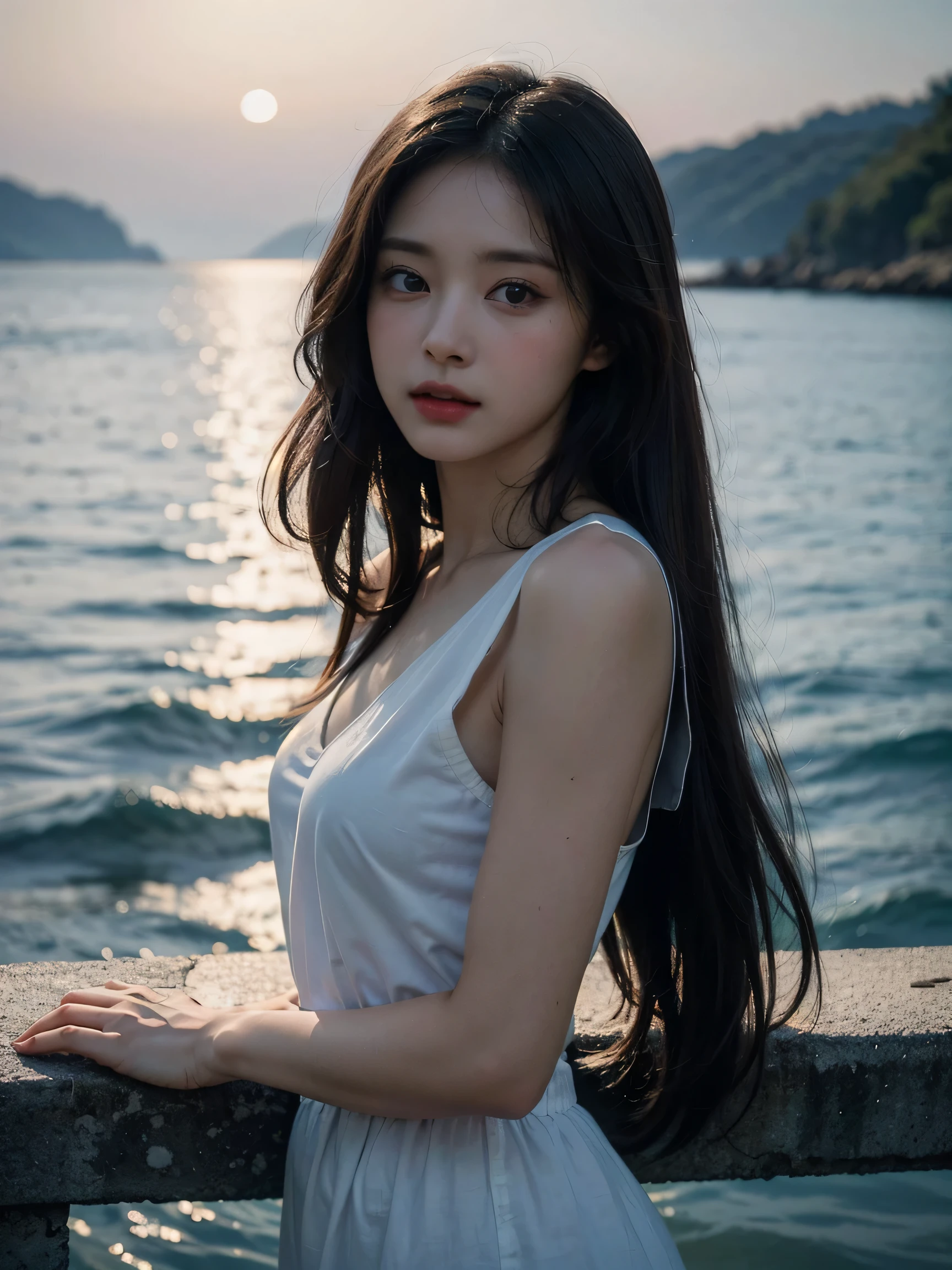 1girl, (looking at viewer:1.2), detail face, (a girl standing, rending on cgsociety, black shadows, streaming, sea backdrop), romanticism, atmospheric, (RAW photo, best quality), (realistic, photo-realistic:1.3), masterpiece, an extremely delicate and beautiful, extremely detailed,