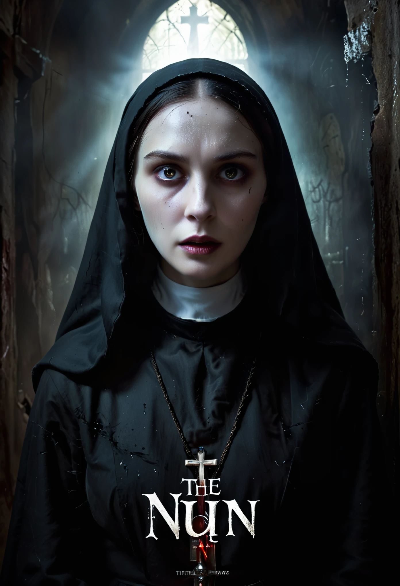 poster of a horror movie The Nun, sign that says "The NUN", illustrated,highres,(dark,spooky) atmosphere,scary,claustrophobic nun's face,holy cross,creepy background,menacing shadows,eerie lighting,extremely detailed wrinkles,gloomy color palette,tattered nun's habit,terrifying eyes,long claws