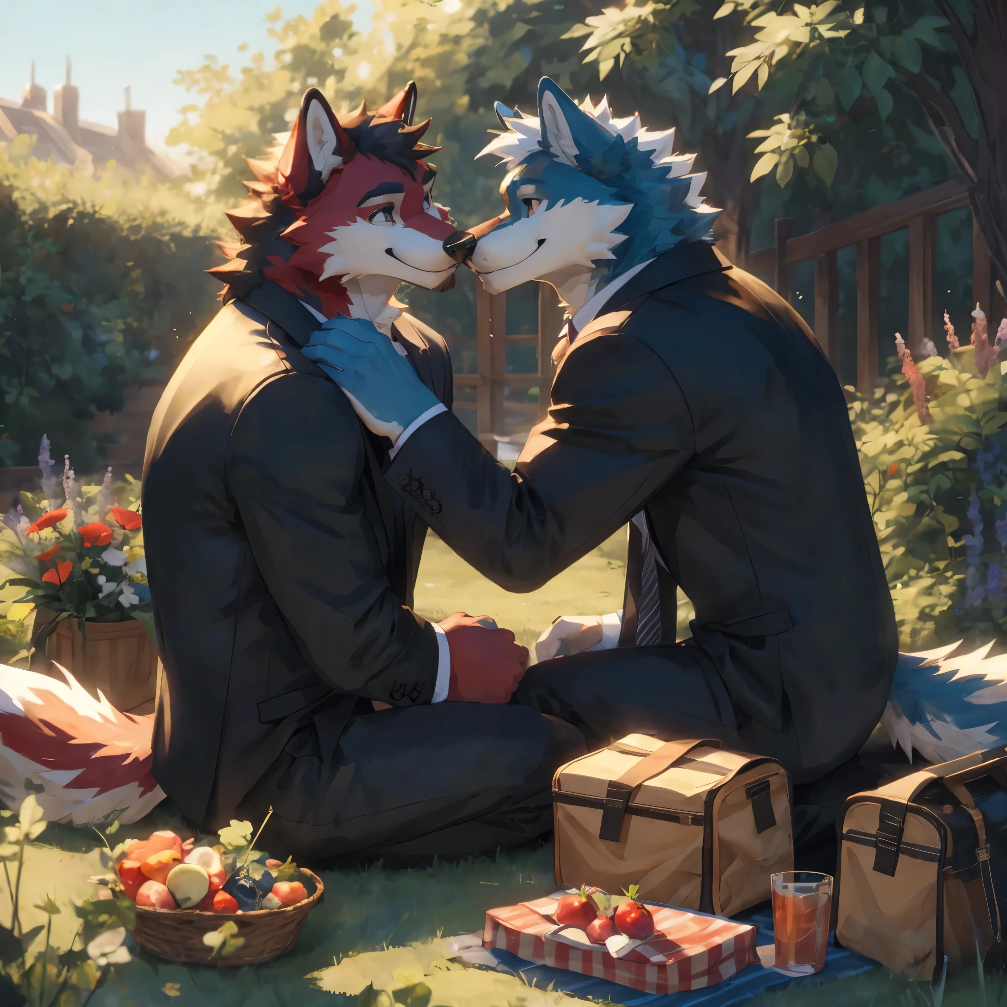 red fur and blue fur, white pattern, antropomorfik wolf, duo, 2 people, (Soft Shading), 4K, Wear a black suit shirt, one person just put his suit on his shoulder ,in the garden, sit down, picnic bag, do hand pose ,touch each other, smile to the camera, kiss 