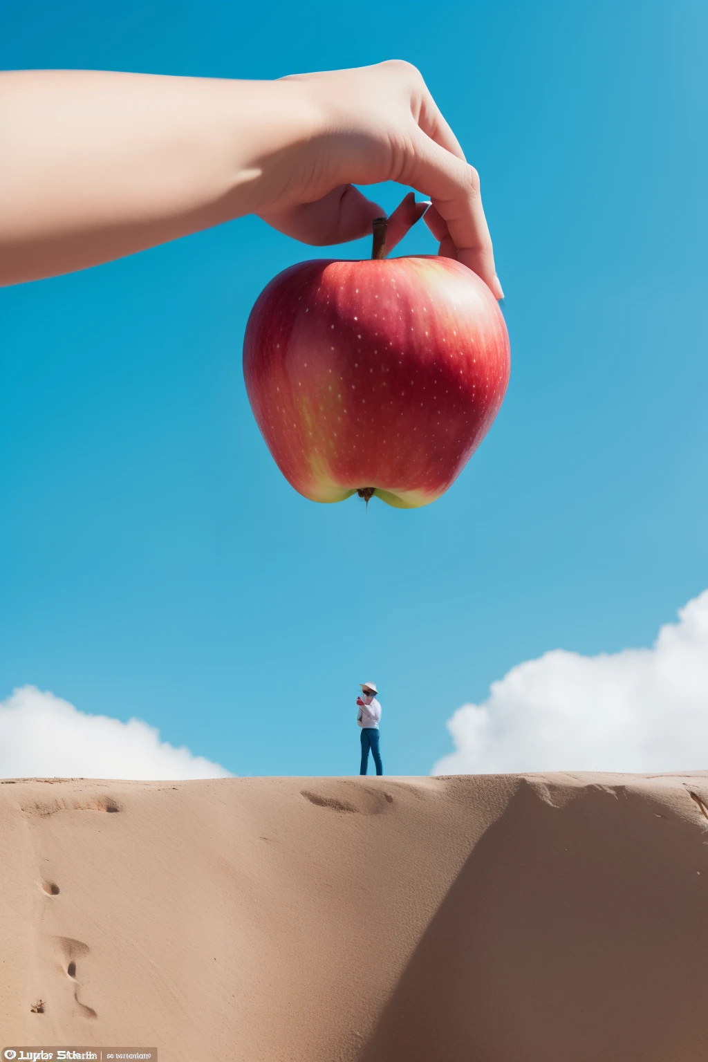 A hand holds a red apple against a light blue sky background. The apple is brought to life by the radiant sunlight, sparkling with reflective sheen. The bold and audacious white letters of the virtual influencer's name grace the top of the image. The inspiring slogan, "Eat healthy, live better!" is subtly written in smaller letters at the bottom. The Instagram account handle is listed in the caption beneath the photograph.