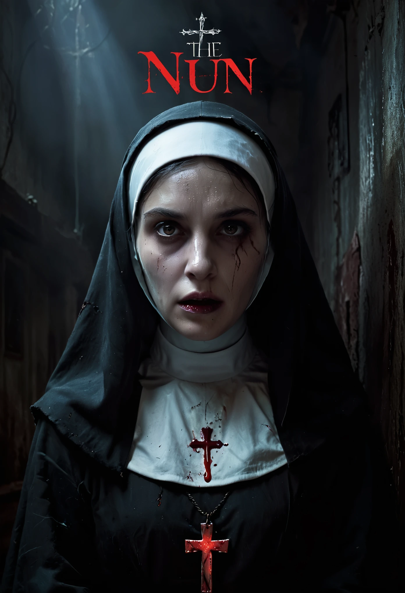 poster of a horror movie The Nun, sign that says "The NUN" is written in blood, illustrated,highres,(dark,spooky) atmosphere,scary,claustrophobic nun's face,holy cross,creepy background,menacing shadows,eerie lighting,extremely detailed wrinkles,gloomy color palette,tattered nun's habit,terrifying eyes,long claws