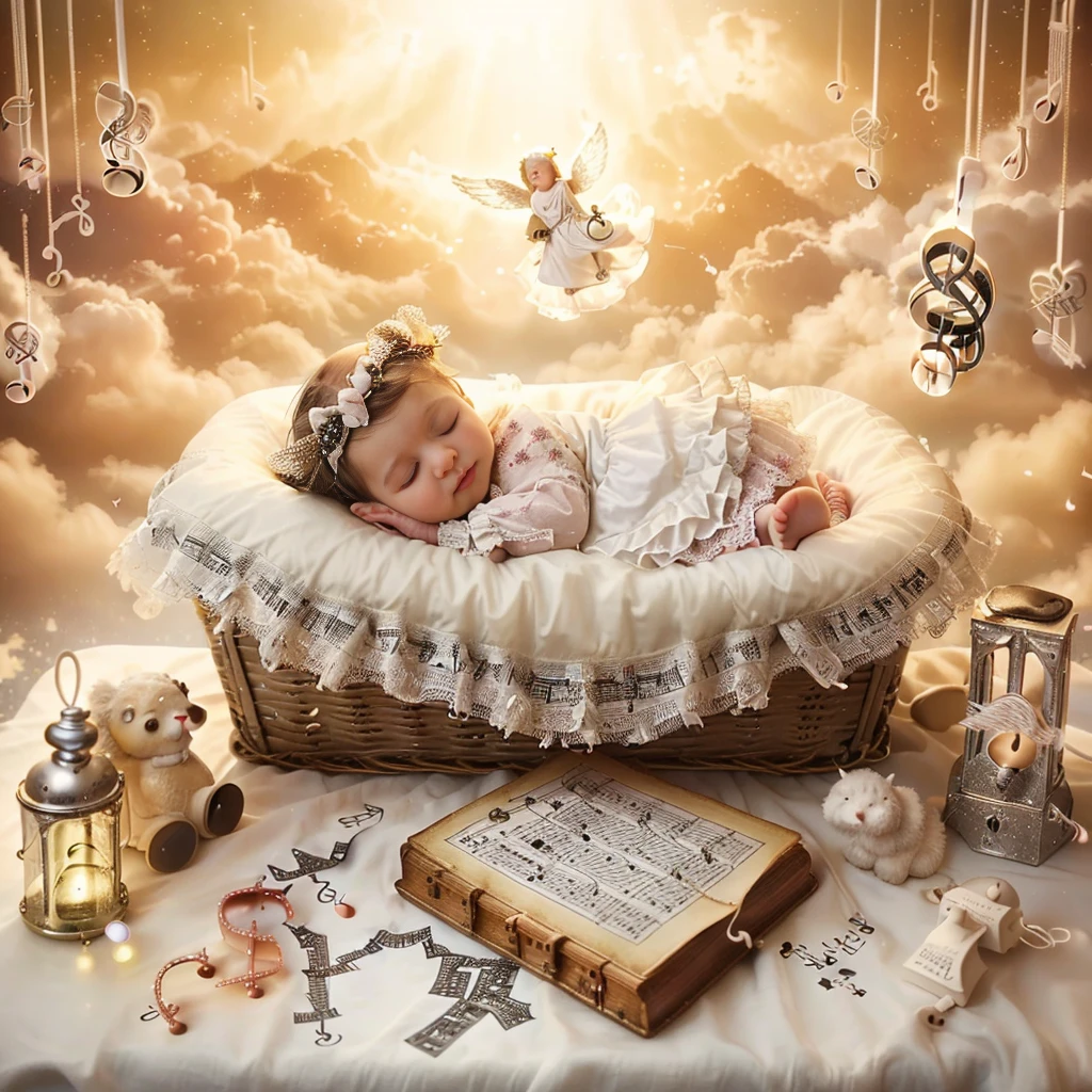 Creating a high-quality 4K-resolution photo with the Canon EOS 5D Mark IV,(musical notes, streaming musical notes floating in The air:1.4),there is a  sleeping in a basket with angels and a blble, heaven on earth, heavenly glow, heaven!!!!!!!!, dreamy and detailed, in heaven, heavenly atmosphere, heavenly light, lie on white clouds fairyland, heavenly, background is heavenly, with  jesus, !!beautiful!!, religious imagery, heaven paradise,fairy light 